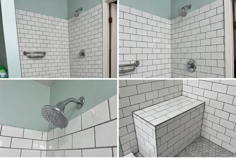 Finished Portland bathroom remodel with white subway tile shower walls, dual shower heads, grab bars, and a tiled built-in bench with hexagon mosaic floor tile