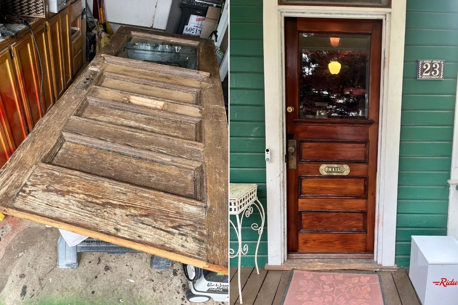 Before and after wood door restoration in Portland — original front door stripped to bare wood, then refinished with dark stain and reinstalled by Portlandia Remodeling
