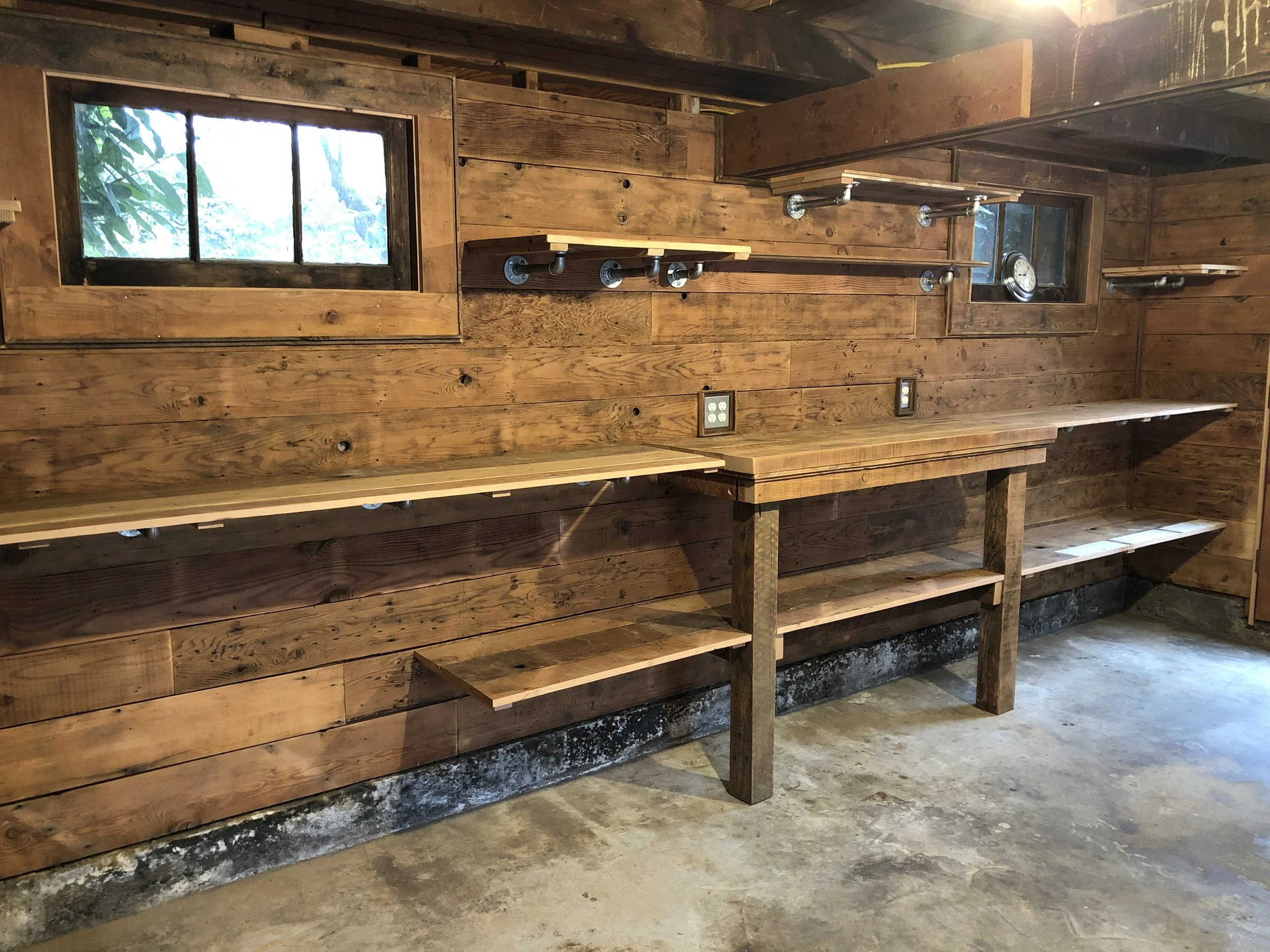 Garage restoration with work bench and shelving