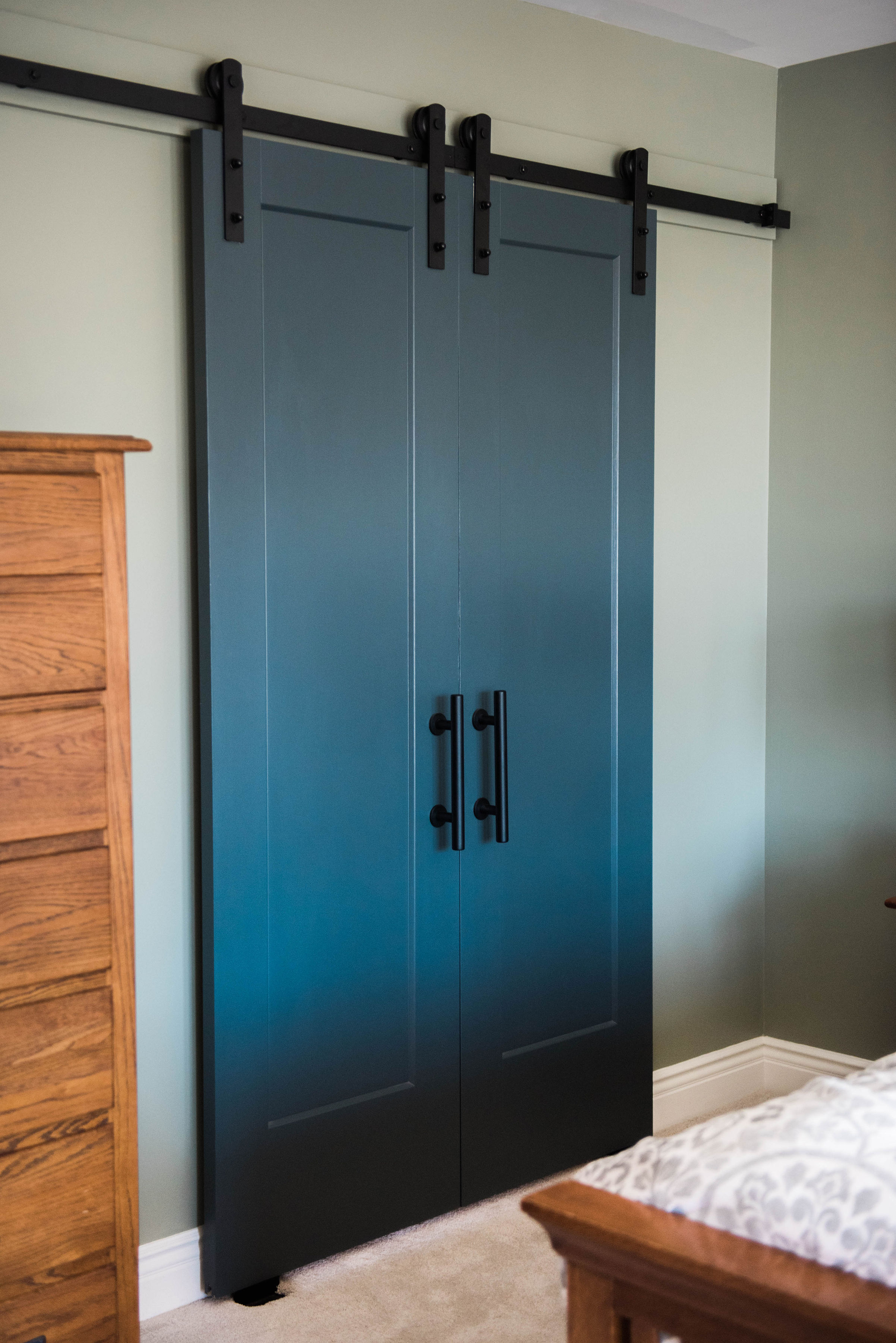 We reconfigured the entrance to the bathroom . Prior there were about 4 doors in a 2 foot radius. We used barn doors on the outside entrance and eliminated all doors on the inside.