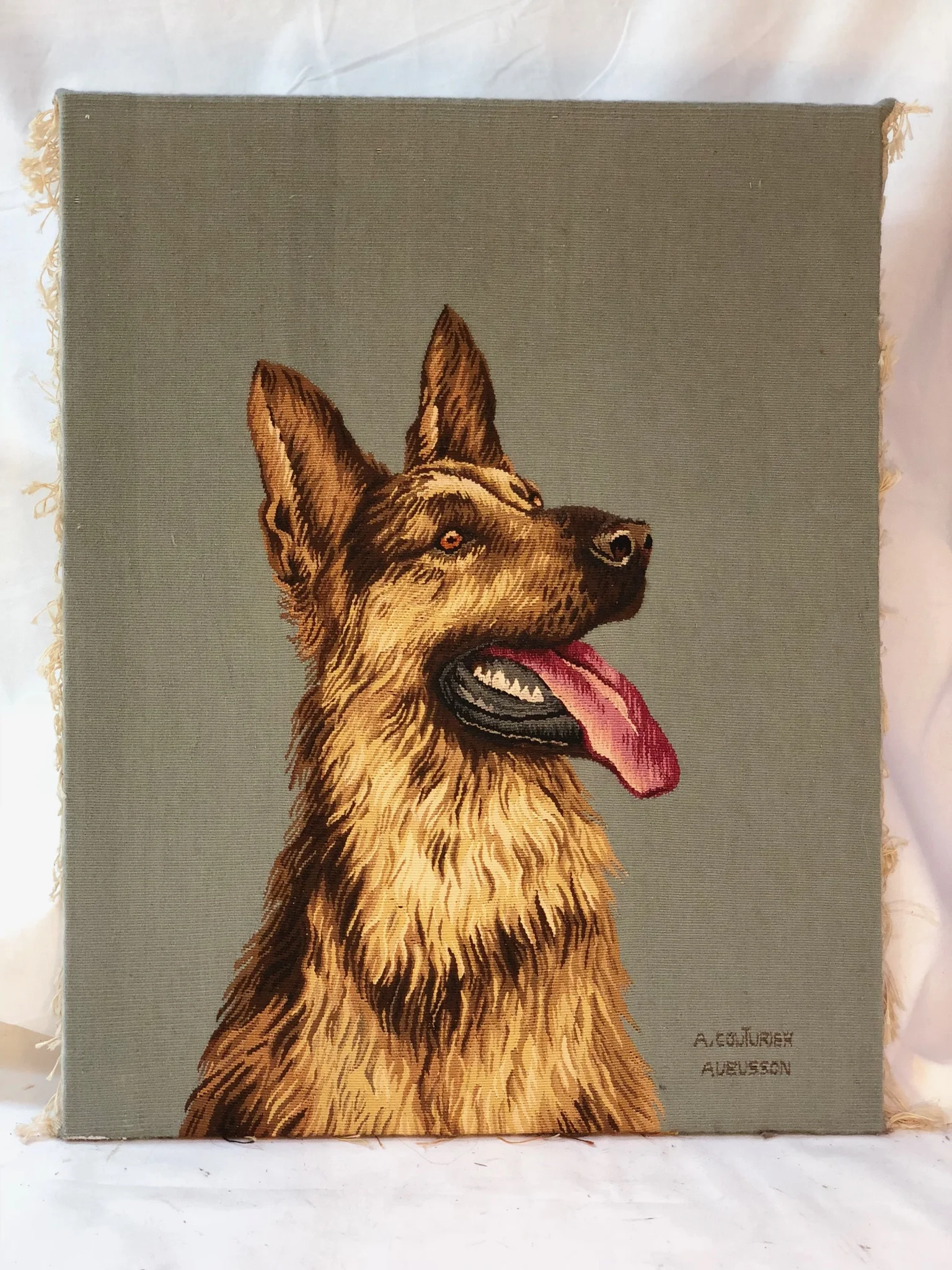 Aubusson Needlepoint.  German Shepherd. Signed.