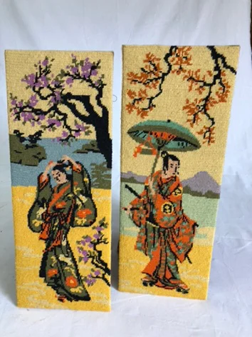 Geisha Needlepoints.  Pair. 