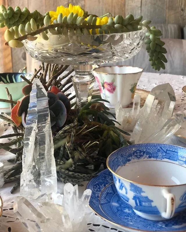 Charging the legacy of mothers heirloom teacups... Mine. Hers. Hers. The universe according to She. Thank you for the old fashioned sensibility and the connection to our past generations of women.  Shared through tea. Deep reverence.  #crystals#vinta