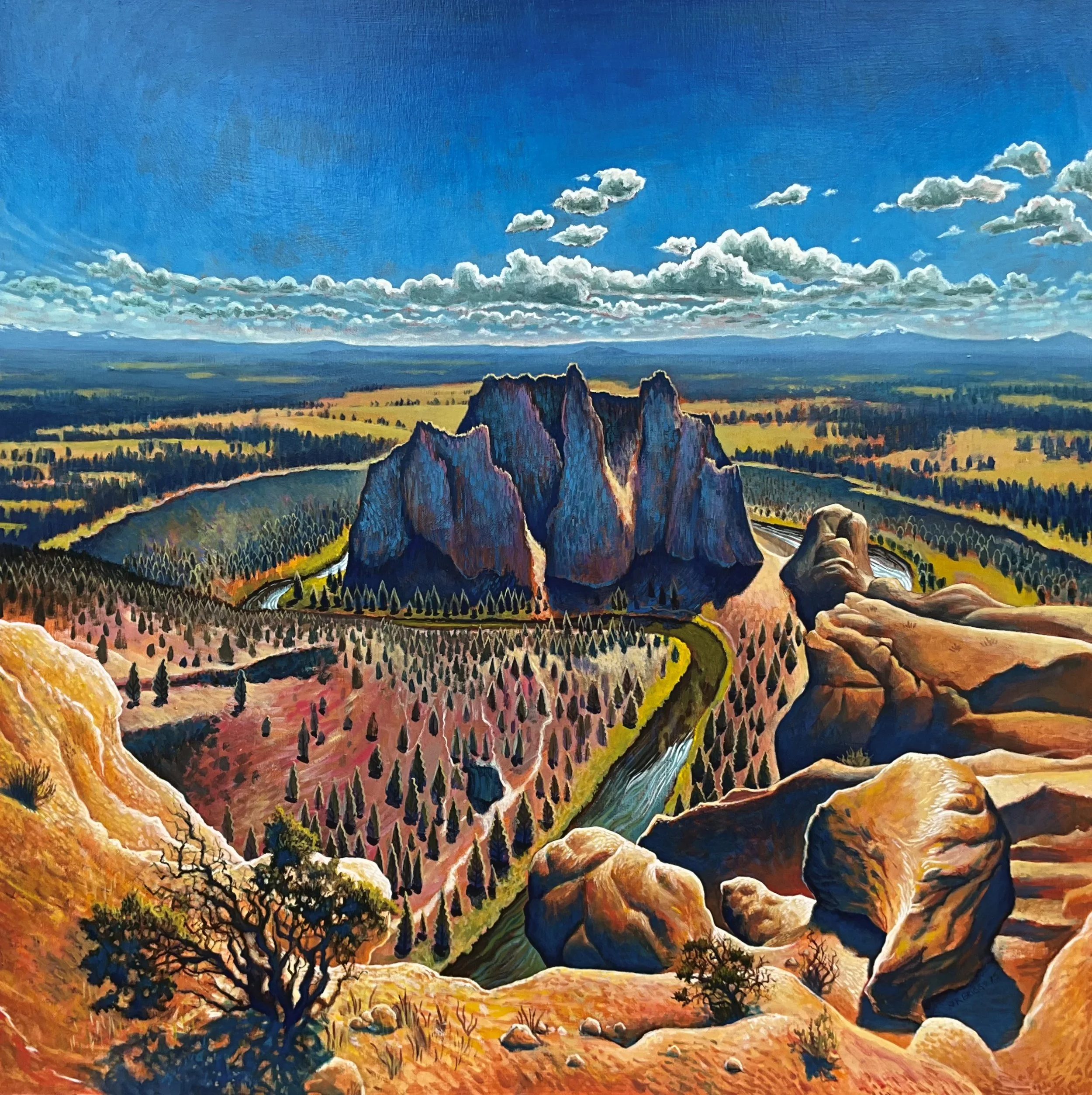 Memorial Day at Smith Rock, acrylic on wood panel painting by J. Richard Briggs. Panoramic view of Smith Rock State Park and the Oregon high desert with dramatic rock formations, juniper trees, and expansive sky.