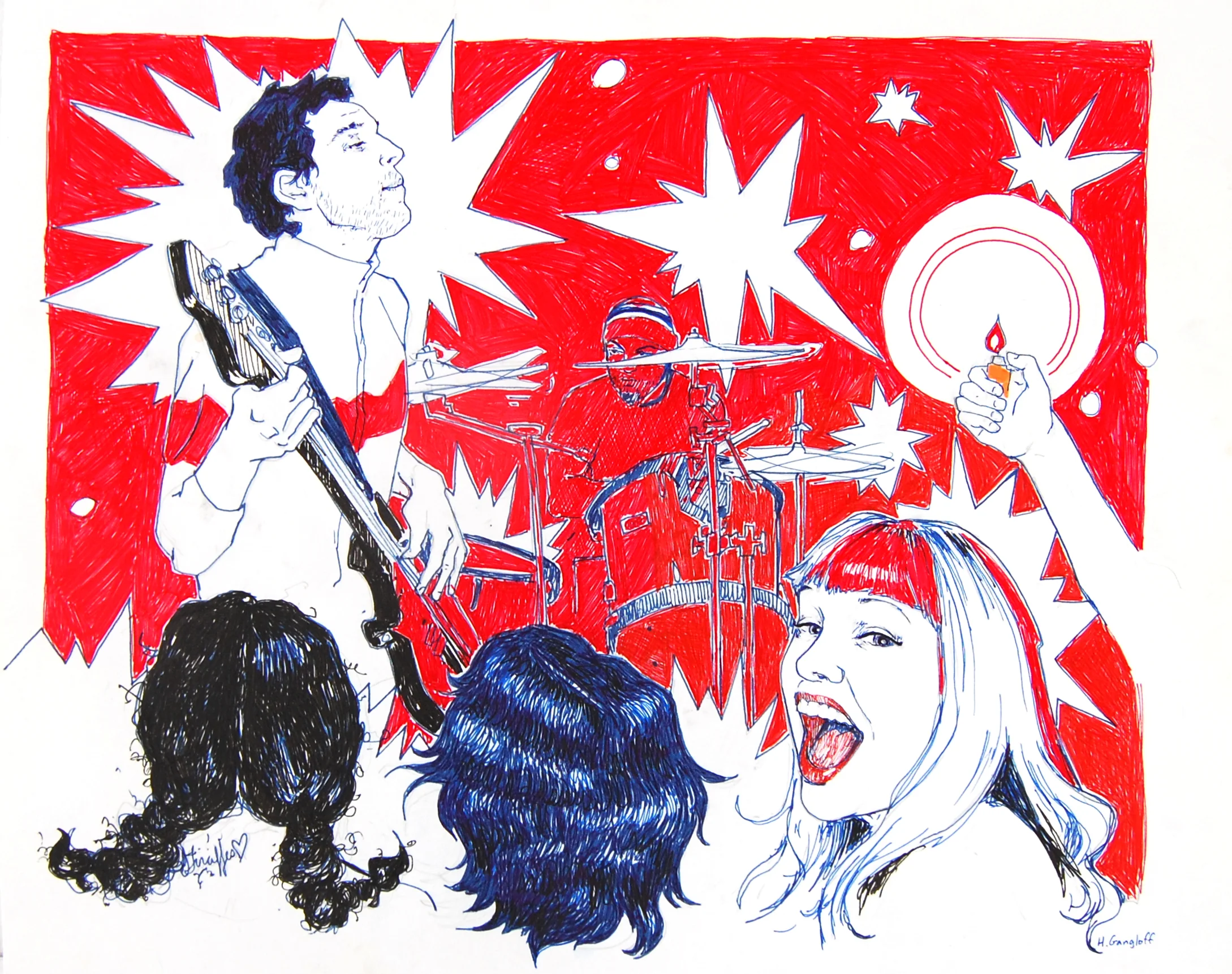 Hand-drawn illustration in ink on paper featuring a band of three musicians against a bold red background with white starburst shapes.