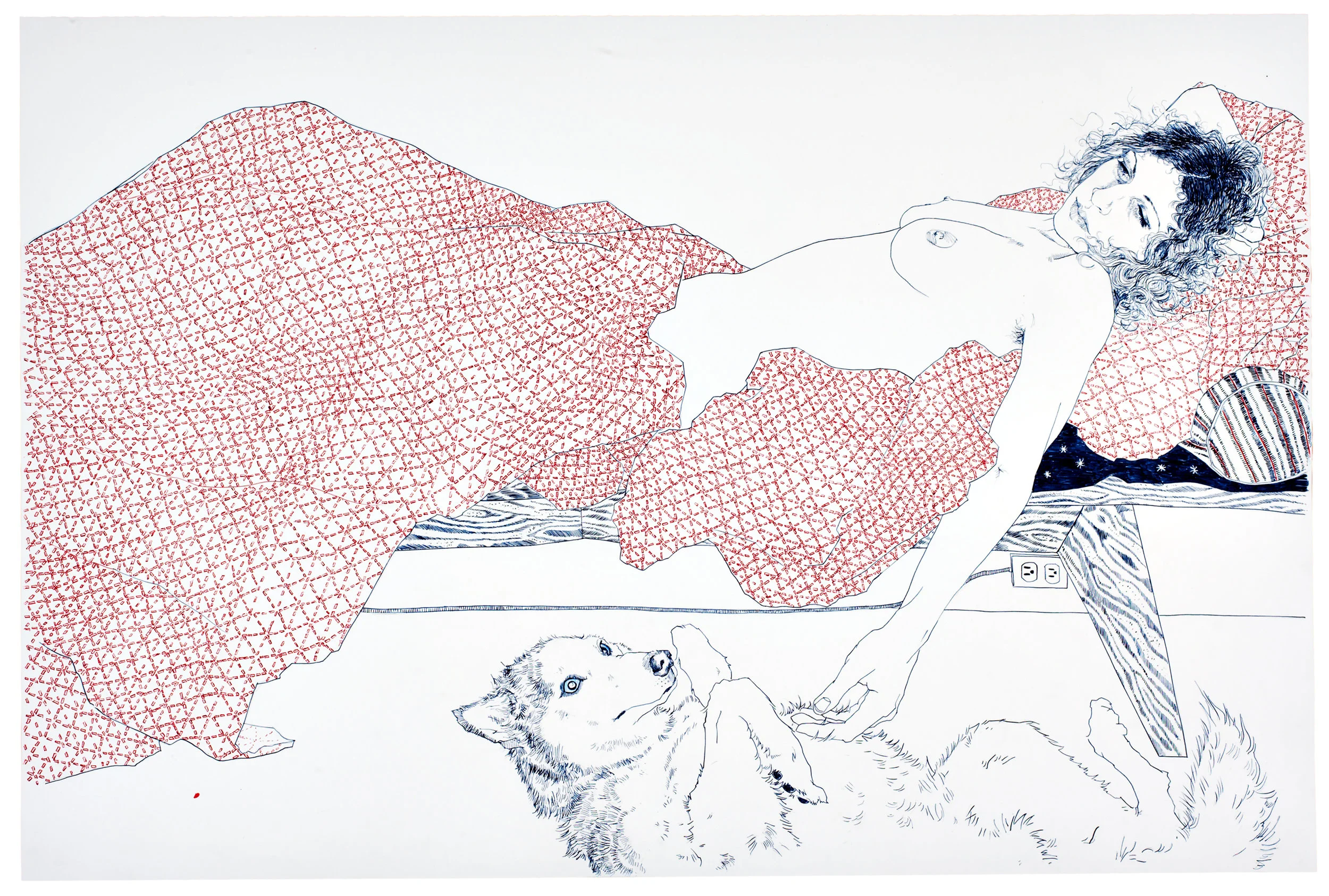 Pen and ink illustration on paper featuring a reclined nude figure with dark hair on the right side, accompanied by a dog, rendered in blue line work.