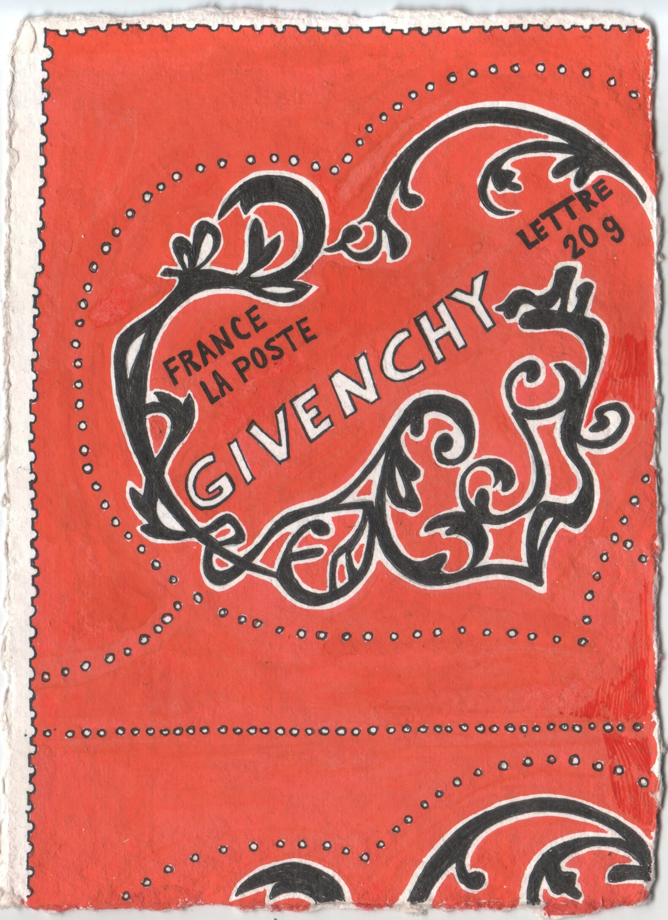 A vintage-style postcard or envelope design featuring bold ornamental typography and decorative flourishes in black and white against a bright red background.