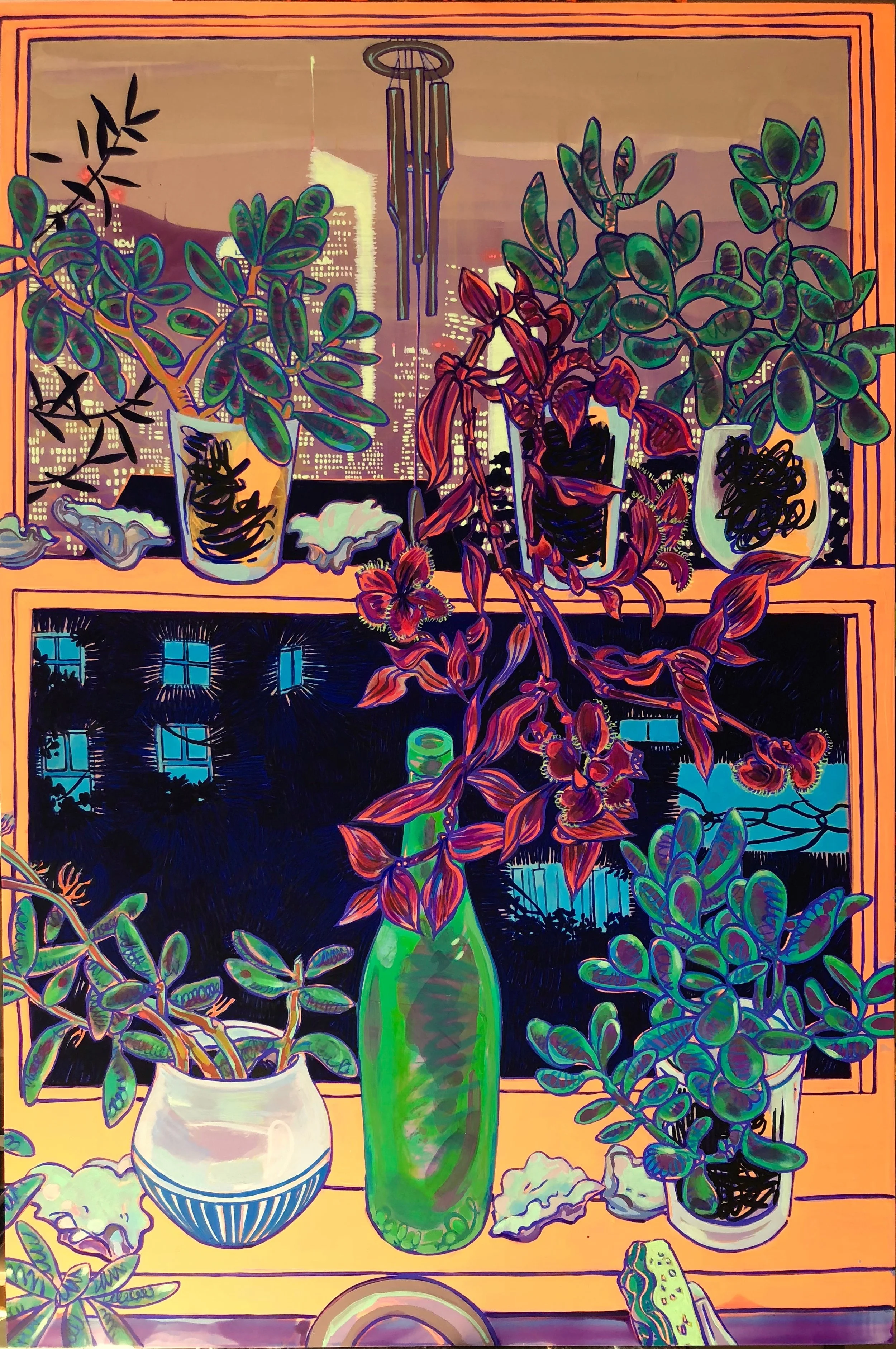A vibrant acrylic or gouache painting depicting a framed window view of downtown Los Angeles with a skyline featuring art deco buildings and a wind chime, overlooking potted plants with bold green and magenta foliage arranged on a sunny windowsill.