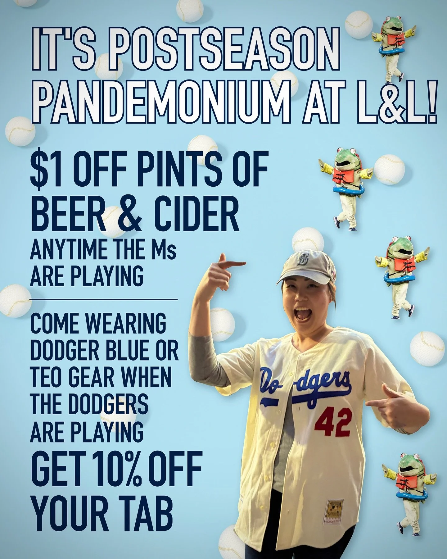 TFW when both of your teams are playing postseason ball. AS DIVISION CHAMPS. ππ€―π
π± MARINERS FANS π±
$1 OFF PINTS OF BEER & CIDER anytime the Ms are playing!
βΎοΈ DODGERS FANS βΎοΈ
Show up in Dodger Blue or Teo gear, GET 10% OFF YOUR TAB!
#Drin