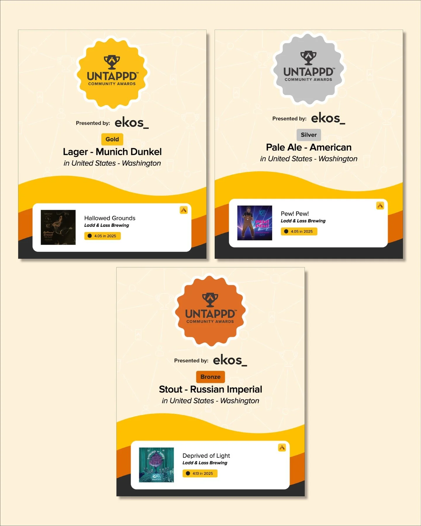 Thanks for the Untappd love, &amp;s! We&rsquo;re happy to report we got ourselves a medal of each color. 

🥇Hallowed Grounds / Dunkel brewed with our good friends at @thebeerjunction and @outerdarkcoffee 

🥈Pew! Pew! / Pale Ale

🥉Deprived of Light