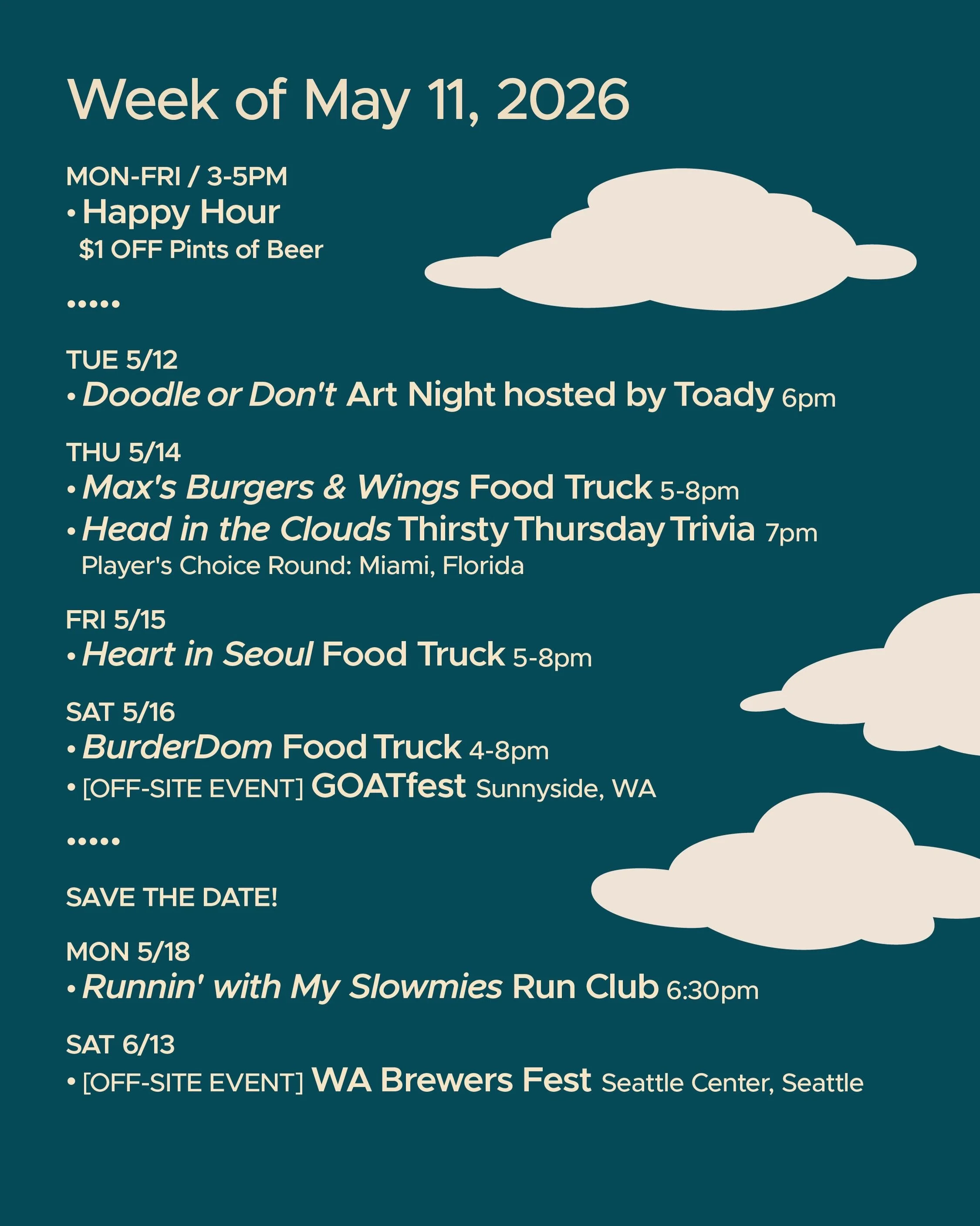 WEEK OF MAY 11, 2026

MON-FRI 3-5pm
🍻 Happy Hour 🍻

&bull; &bull; &bull; &bull;

TUE 5/12
&bull; Doodle or Don&rsquo;t Art Night with @toadytown 6pm

THU 5/14
&bull; Max&rsquo;s Burgers &amp; Wings Food Truck 5-8pm
&bull; @headinthecloudstrivia Thi