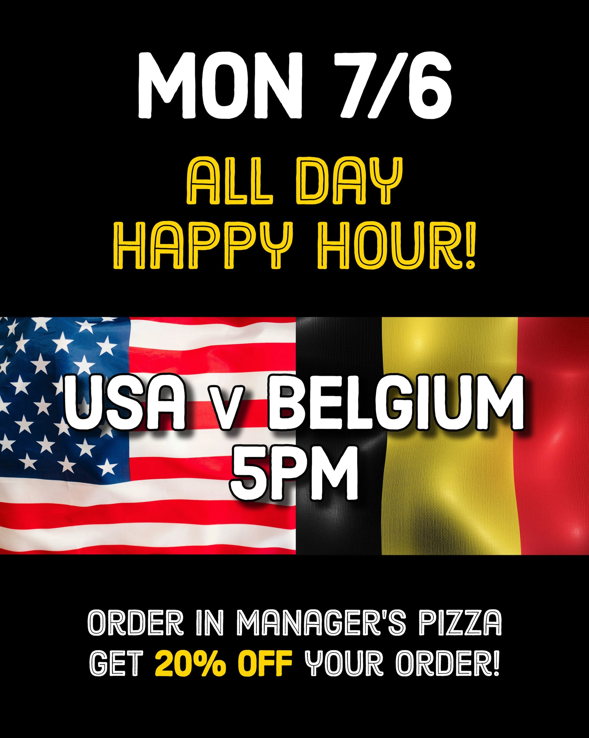 Hello, Round of 16!⚽️!⚽️!⚽️!

Monday, 7/6, the USMNT takes on Belgium at 5pm. And we&rsquo;re celebrating with Happy Hour prices ALL DAY.

Feeling peckish during the game? Order in @managerspizzaseattle, get 20% OFF your order!

#DrinkLocal #CraftBee