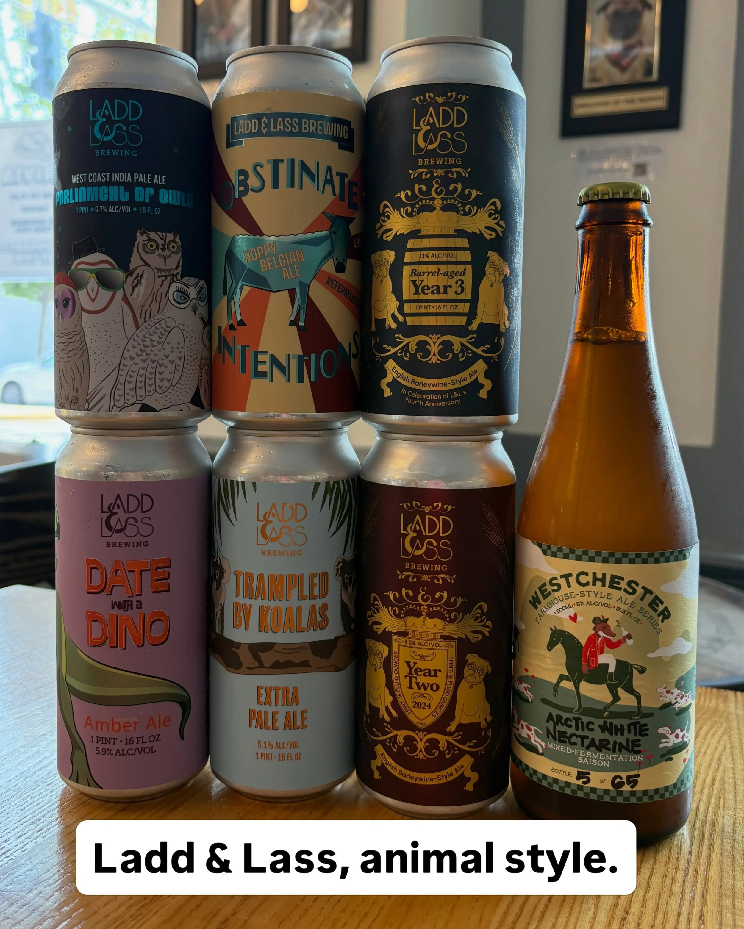 We&rsquo;ve got the most delicious menagerie you could ever dream of. Get you some while you still can!

🦉Parliament of Owls
West Coast IPA / 6.7% ABV

🫏Obstinate Intentions
Hoppy Belgian Ale / 4.9% ABV

🐶Barrel-aged Year 3
Barrel-aged English Bar