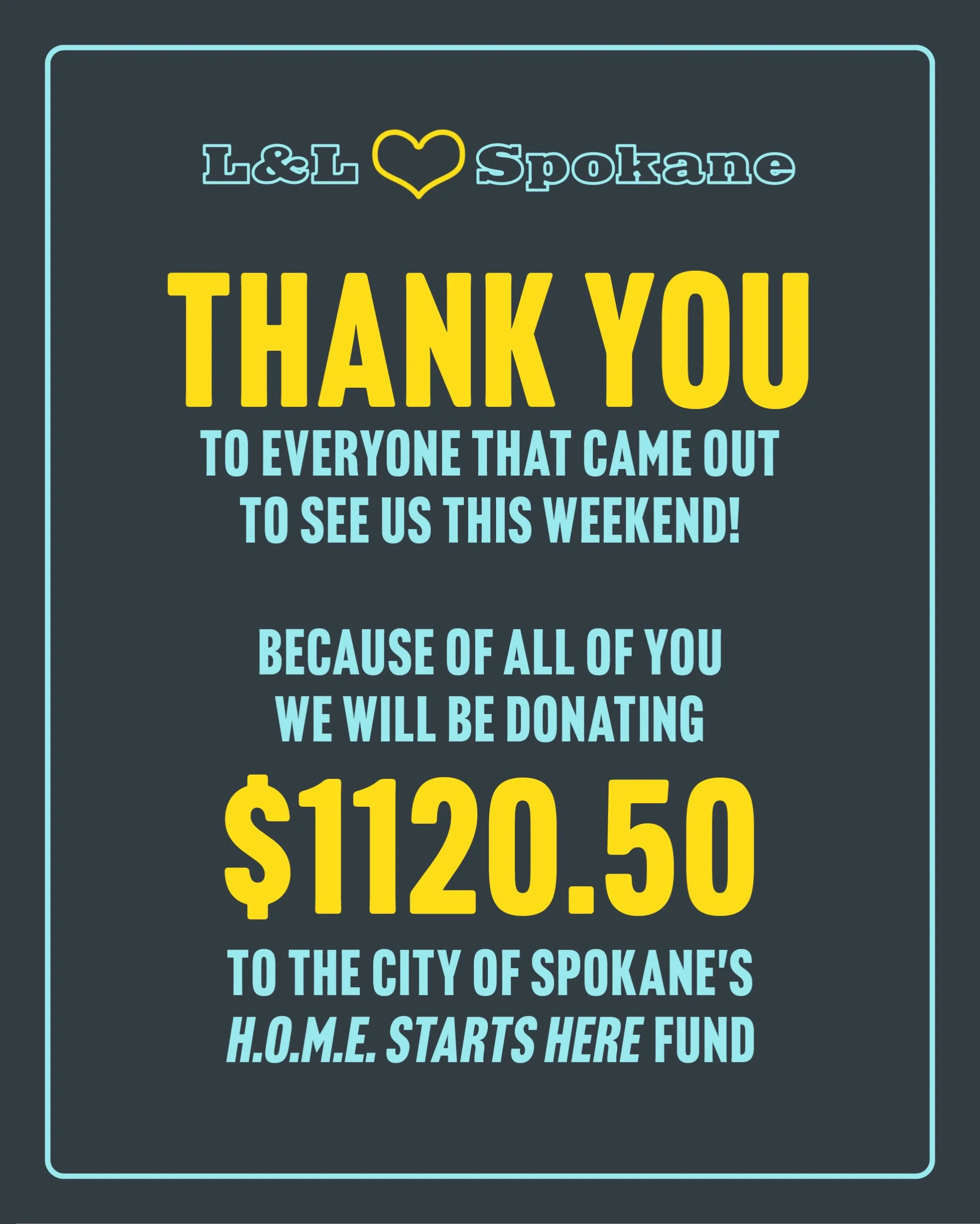 THANK YOU to everyone that shared the post about our fundraiser. ❤️

THANK YOU to all of you that came out to the taproom this weekend. ❤️

Because of YOU, we will be donating $1120.50 to @spokanecity H.O.M.E. Starts Here fund, which will be used to 