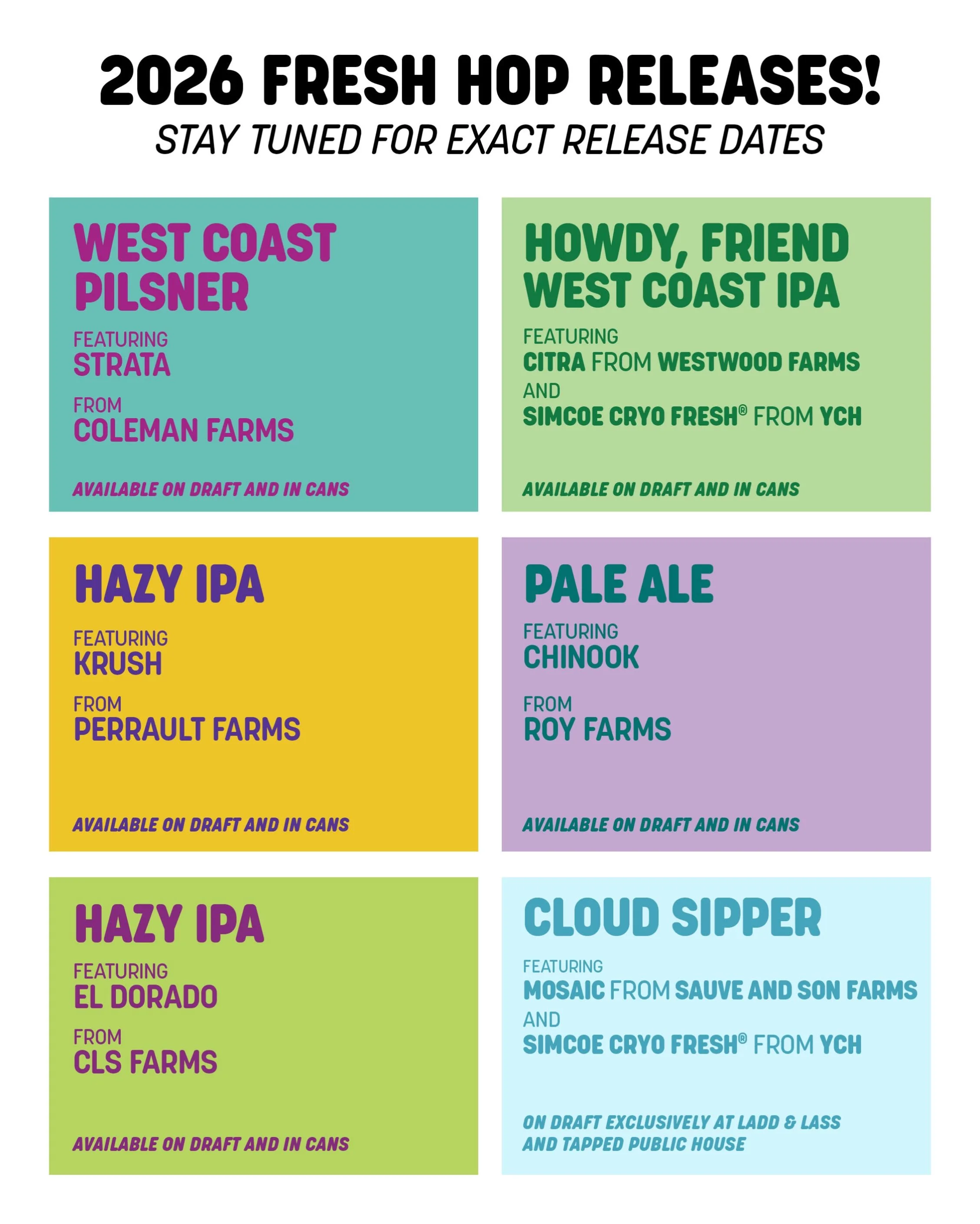 ***2026 FRESH HOP RELEASES***

Here we fucking go! In order of anticipated appearance:

WEST COAST PILSNER
featuring Strata from @indiehops @colemanagriculture 
&bull;
HOWDY, FRIEND 
WEST COAST IPA
featuring Citra from @westwood_farms_ 
&amp; Simcoe 