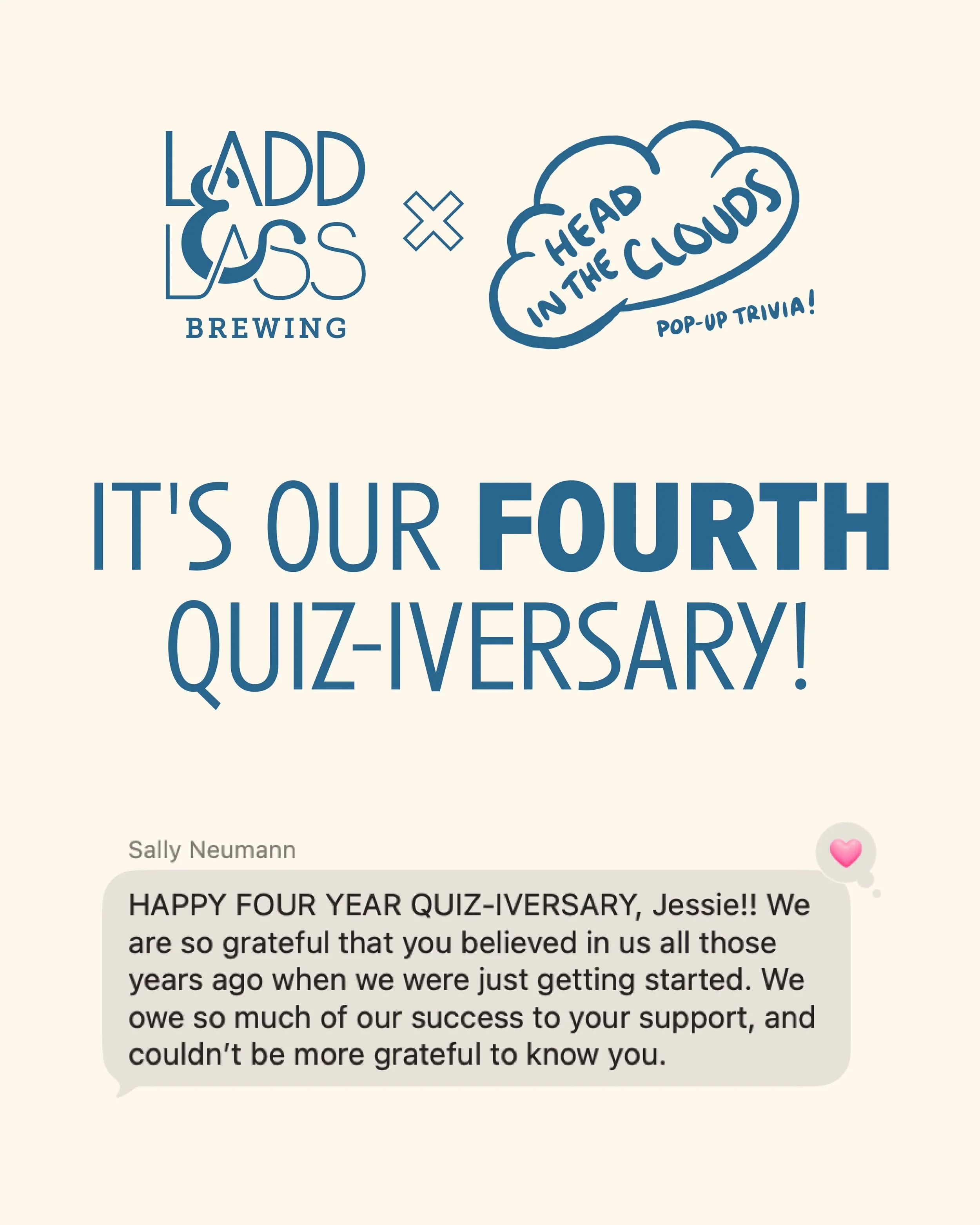 Turns out time really does fly when you&rsquo;re having fun. Thank you for FOUR amazing years of questions &amp; answers, @headinthecloudstrivia!🩷!🩷!

#DrinkLocal #CraftBeer #drinkWAbeer #SupportSmallBusiness #SupportYourLocalBrewery