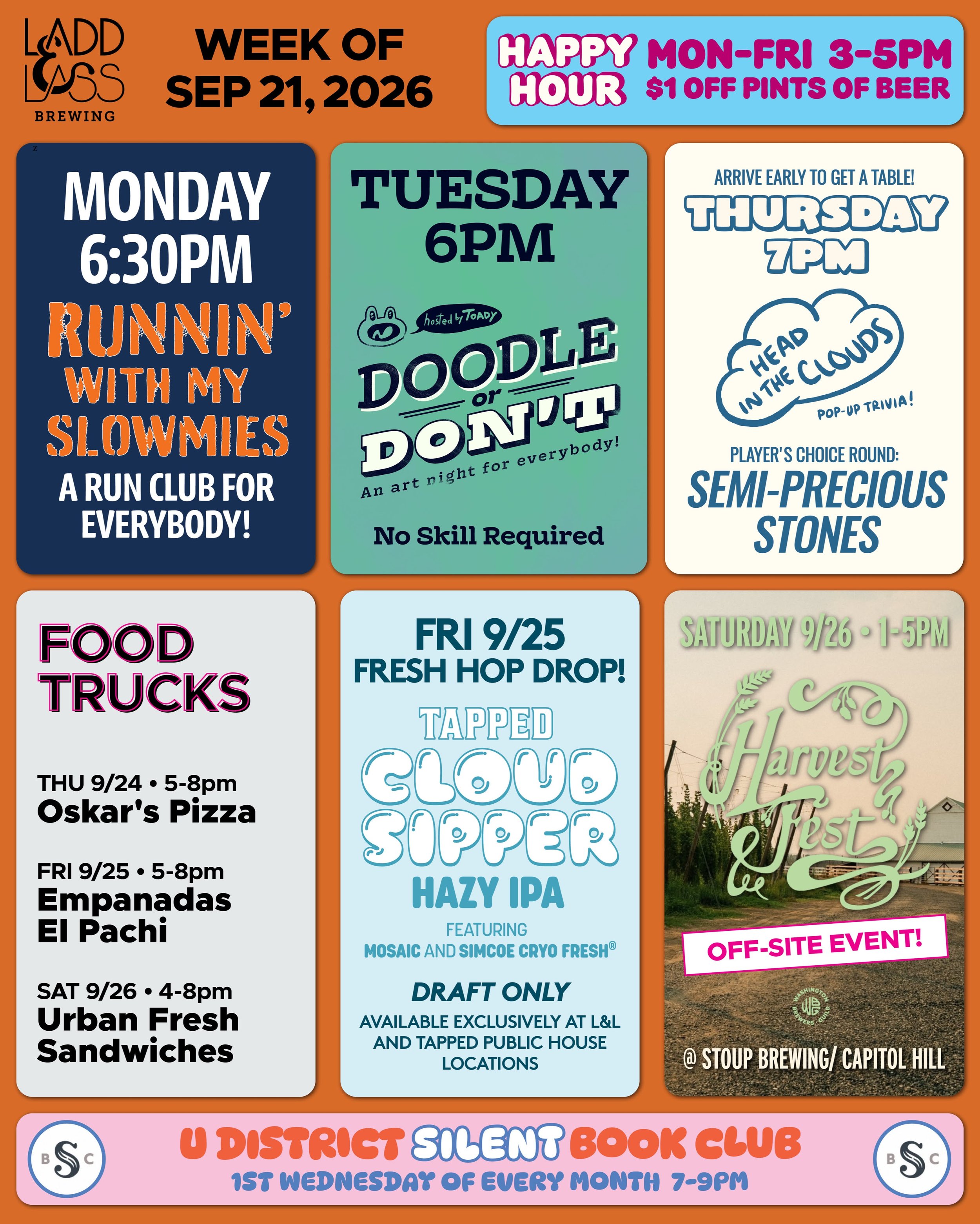 WEEK OF SEP 21, 2026

MON-FRI 3-5pm
🍻 Happy Hour 🍻

&bull; &bull; &bull; &bull;

MON 9/21
&bull; Runnin&rsquo; with My Slowmies Run Club 6:30pm

TUE 9/22
&bull; Doodle or Don&rsquo;t Art Night with @toadytown 6pm

THU 9/24
&bull; @oskarspizza.s4 Tr