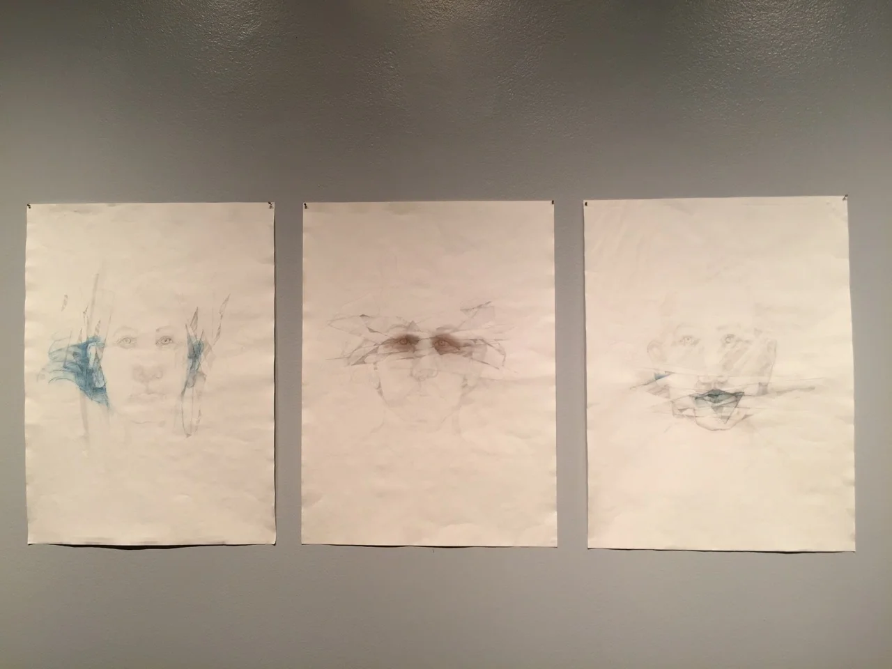Hear. See. Say. No Evil. Drawing triptych with graphite, ink pencil, stencils, water-based felt pen. SOLD.