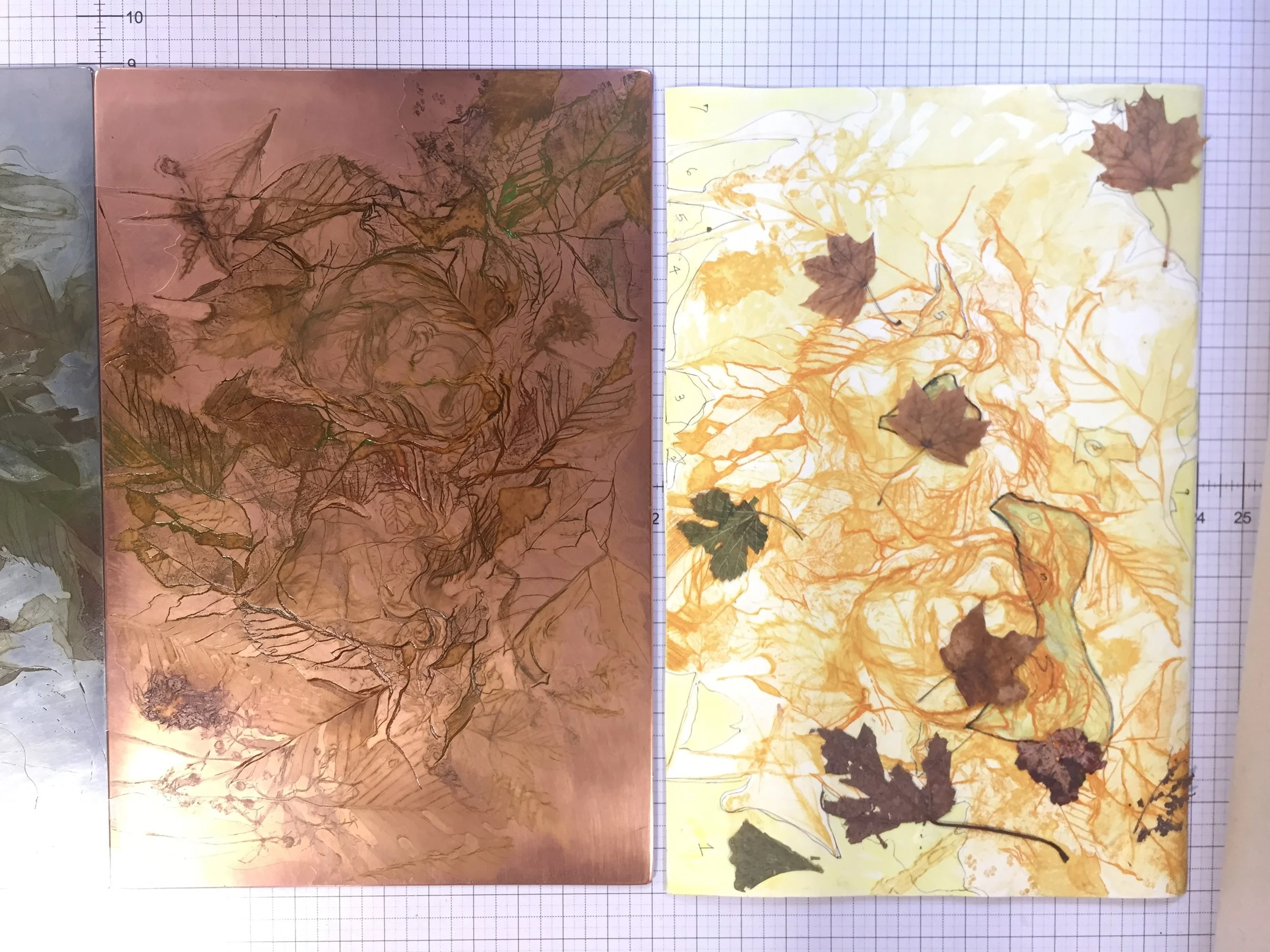 Copper plate with leaf stencil layout plan.