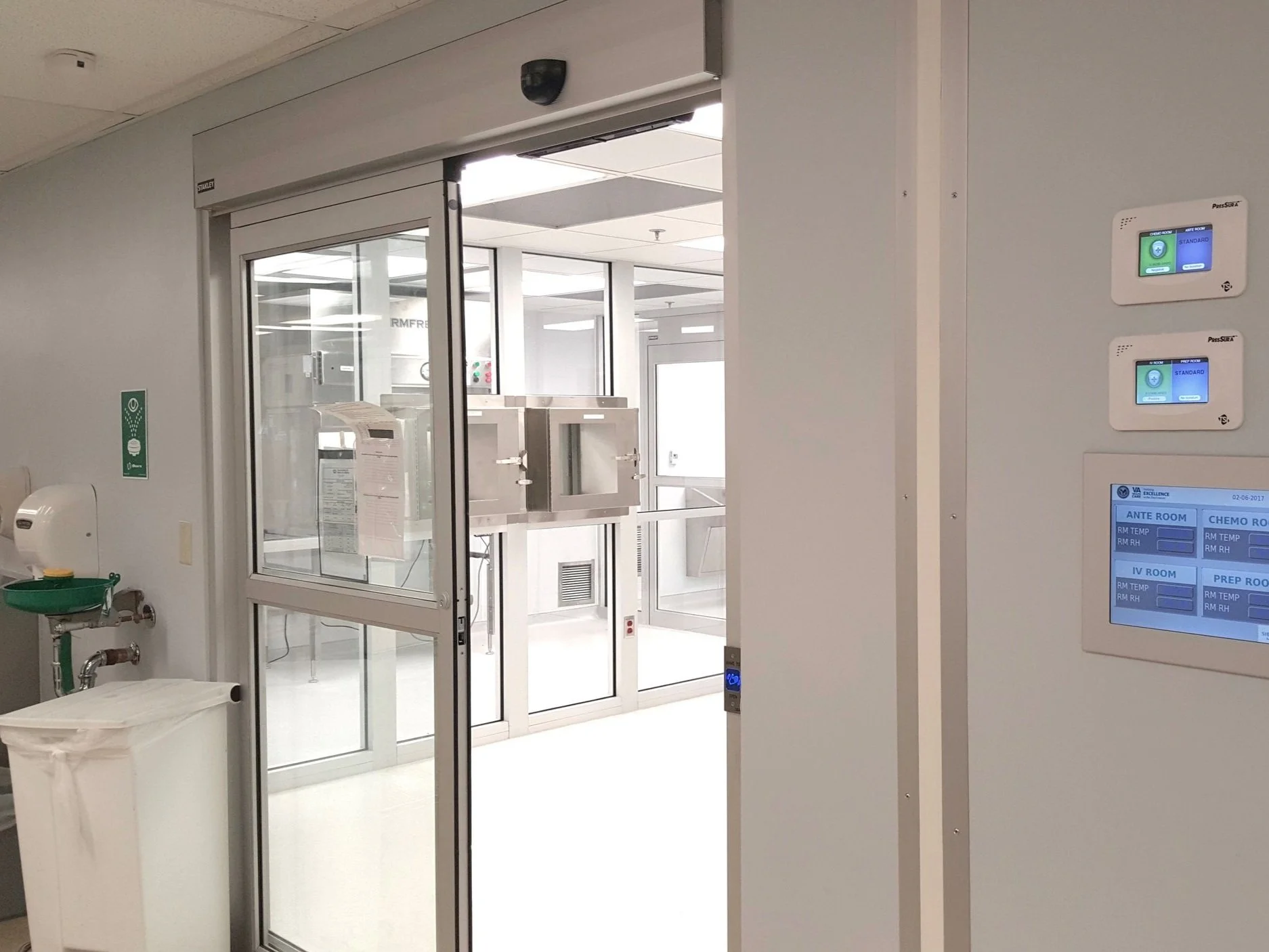 Storefront system. Fiber-reinforced plastic panels over all drywall surfaces.