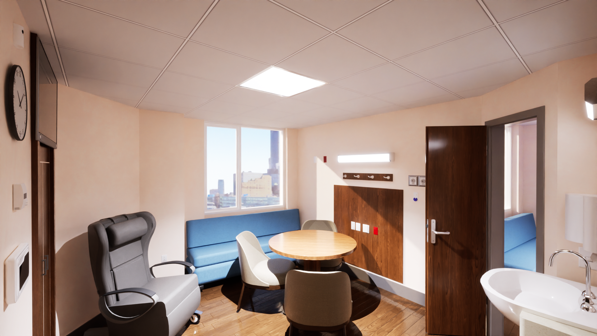 Renovation of 32 existing patient rooms. Replacement of all finishes, implementation of communications closet, and life safety upgrades of the elevator core area.​