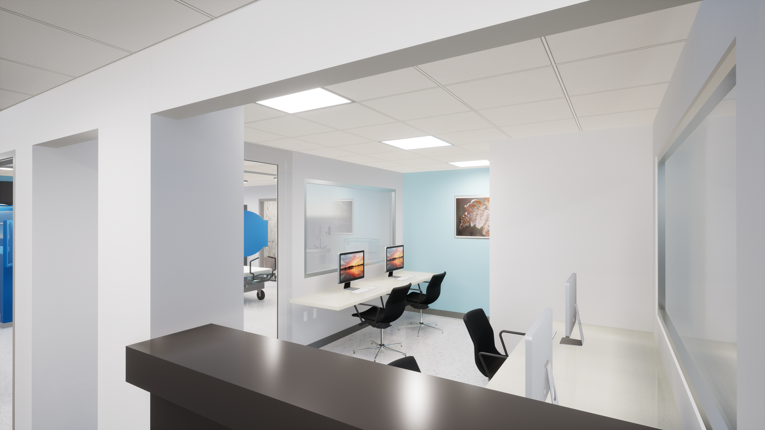 Reception, multipurpose room, clean supply, soiled holding area, exam supply, EVS, sub-nursing station, program leader office, waiting area, toilets. 