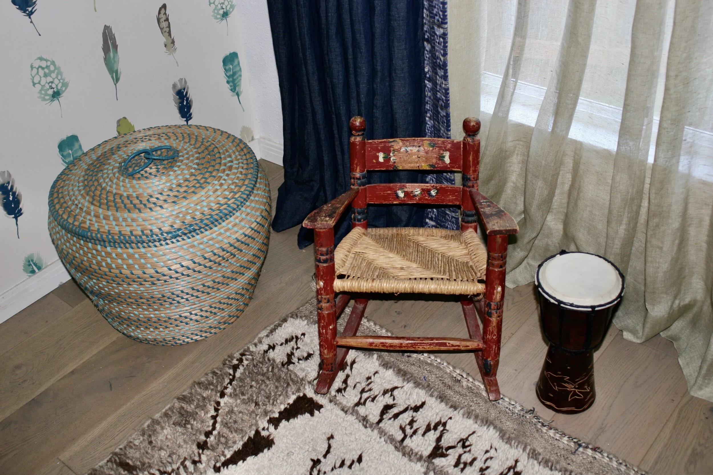 Toy Basket, Antique Kids Rocking Chair and Drum.jpg
