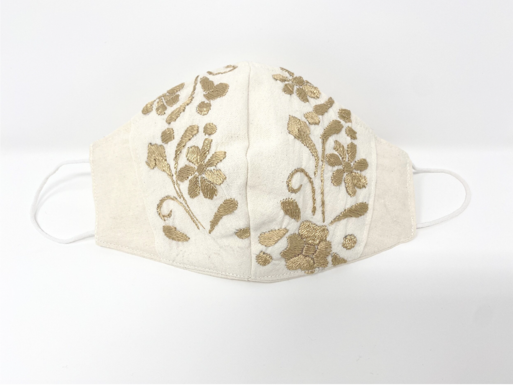 White Mask with Bronze Embroidered Florals- Adult Sm.
