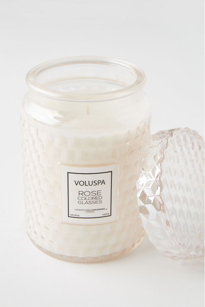 Faceted Blush Colored Voluspa Candle with "Rose Colored Glasses" Scent