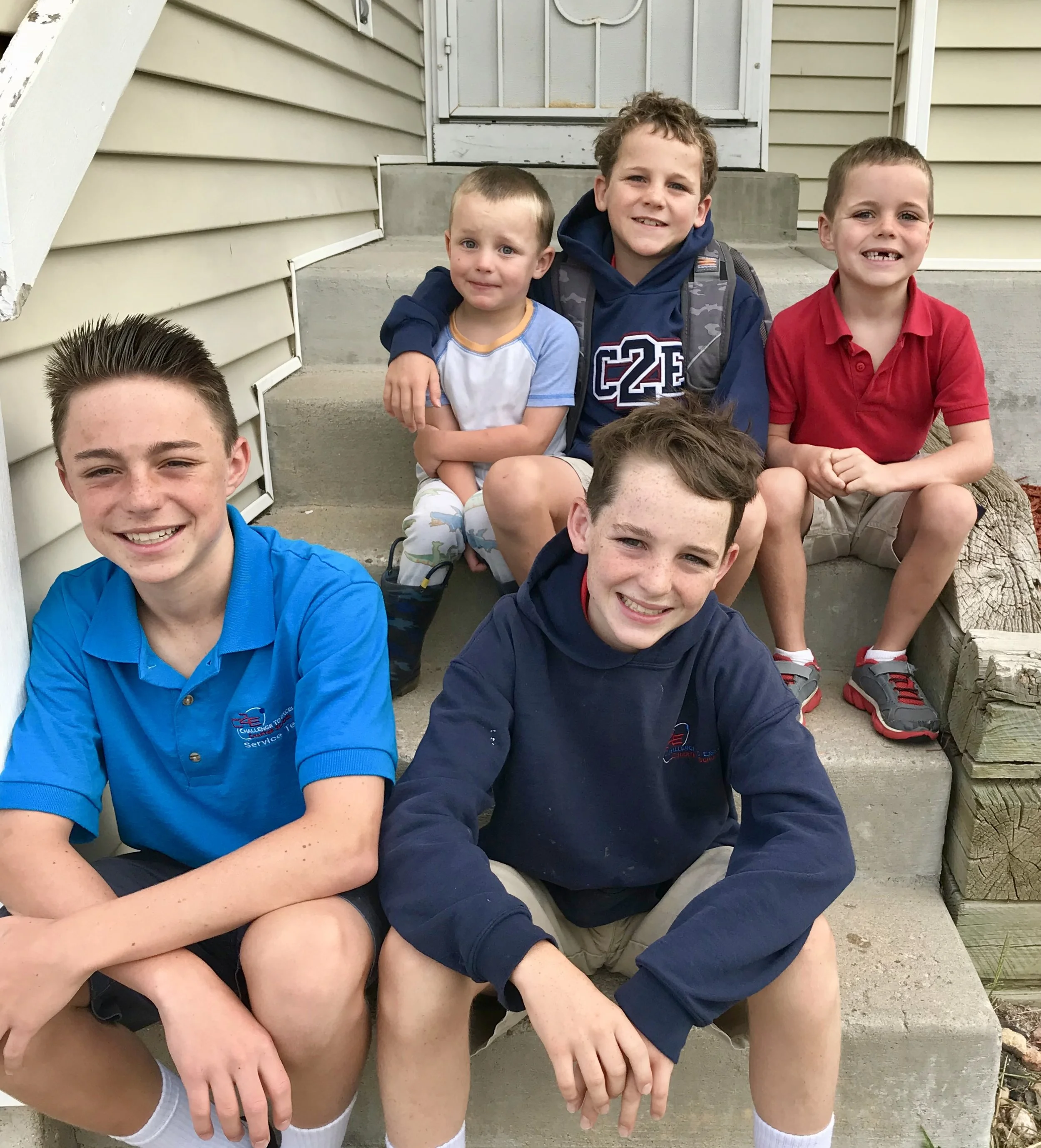  First Day of School:  Jacob - 8th; Titan - 7th; [Pre-school “crasher” McKade]; Beckett - 3rd; Caleb - 1st Grade 
