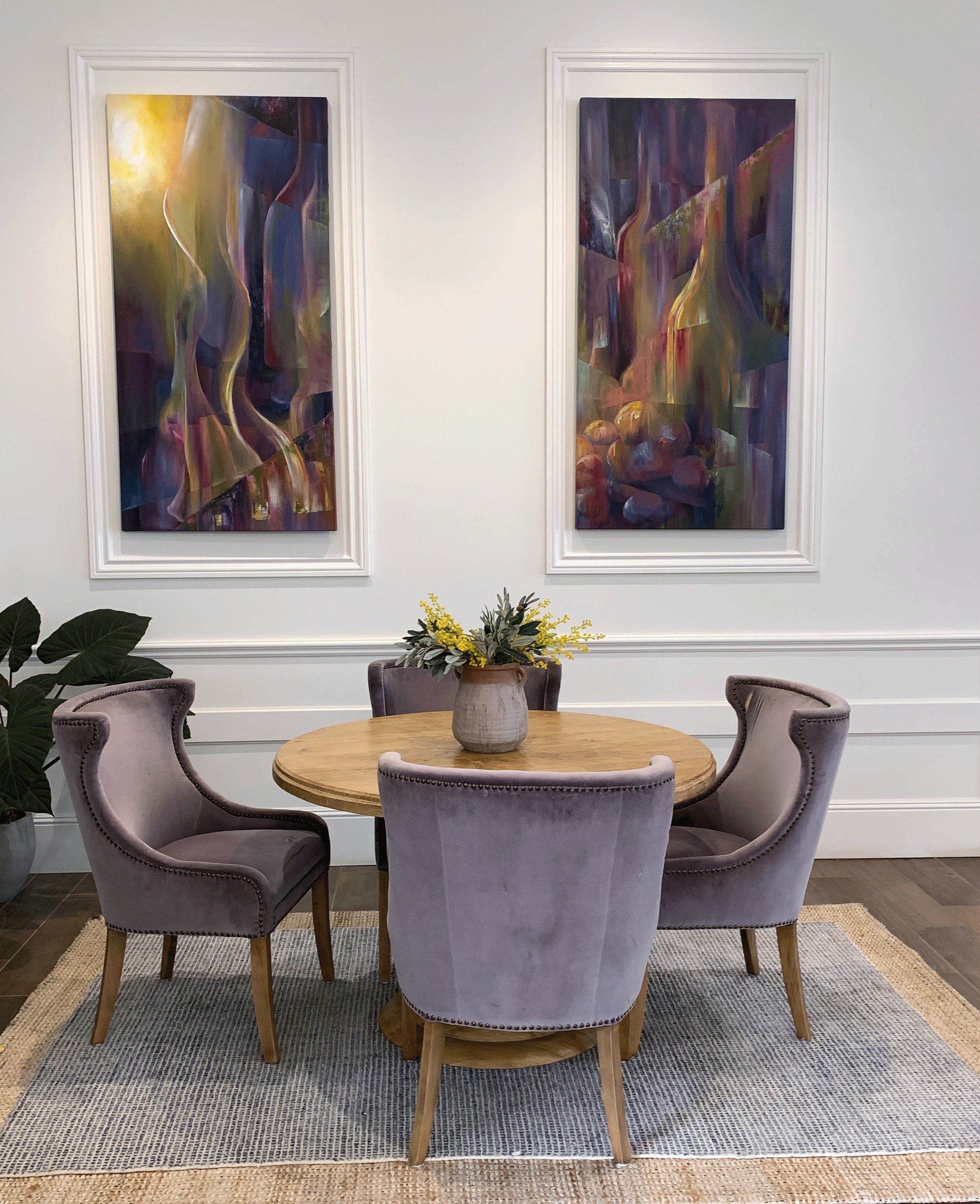 “Vintage” Color and movement set the ambiance for this romantic abstract. The diptych celebrates a welcoming small town filled with historic charm, sprinkled with world class restaurants and i