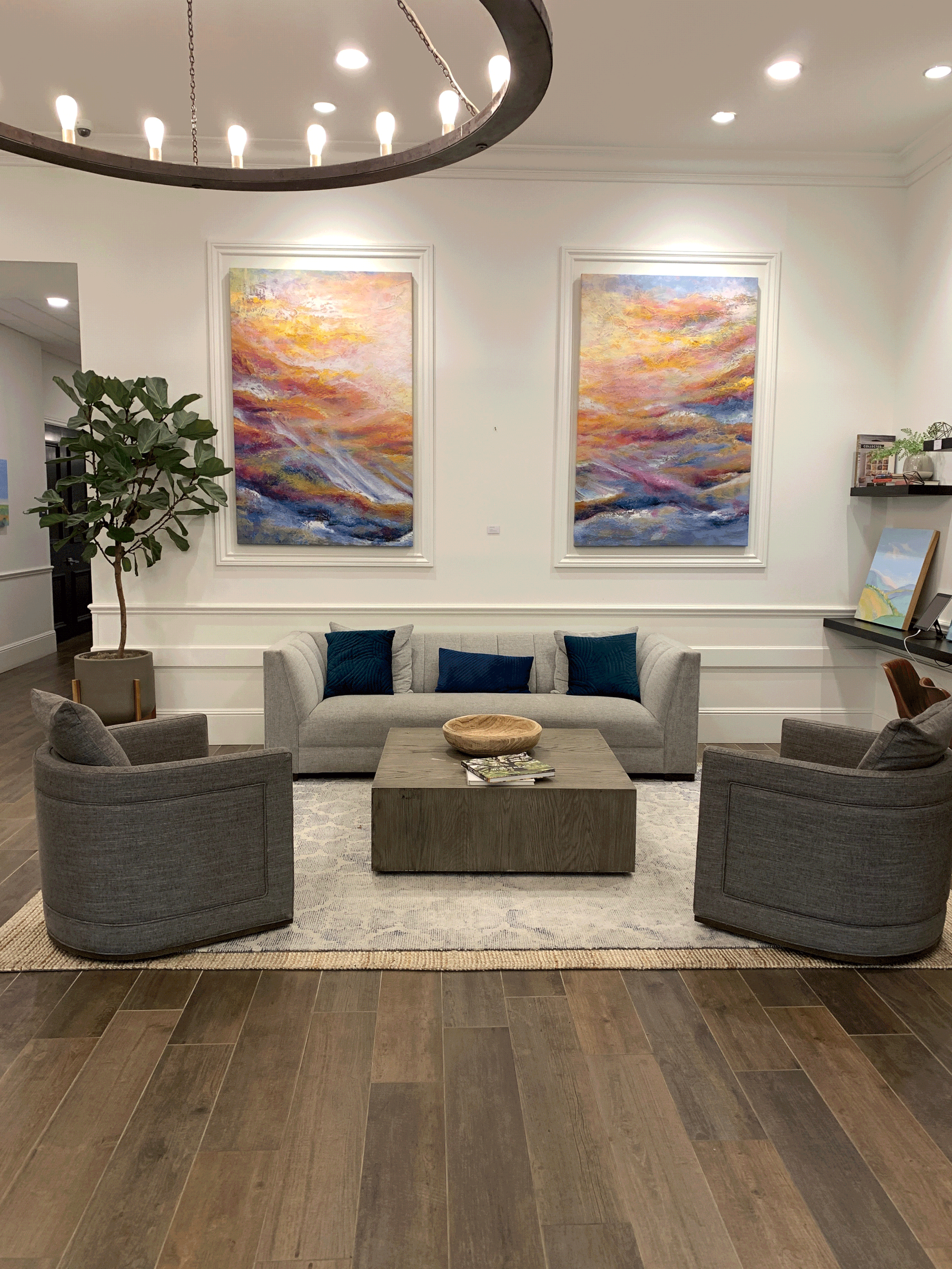 “The Hills” Soak up the peace and quiet as you feel the sun setting over the endless rolling hills. Layer upon layer of color and texture were used by the artist to create a meditative solitude. The f