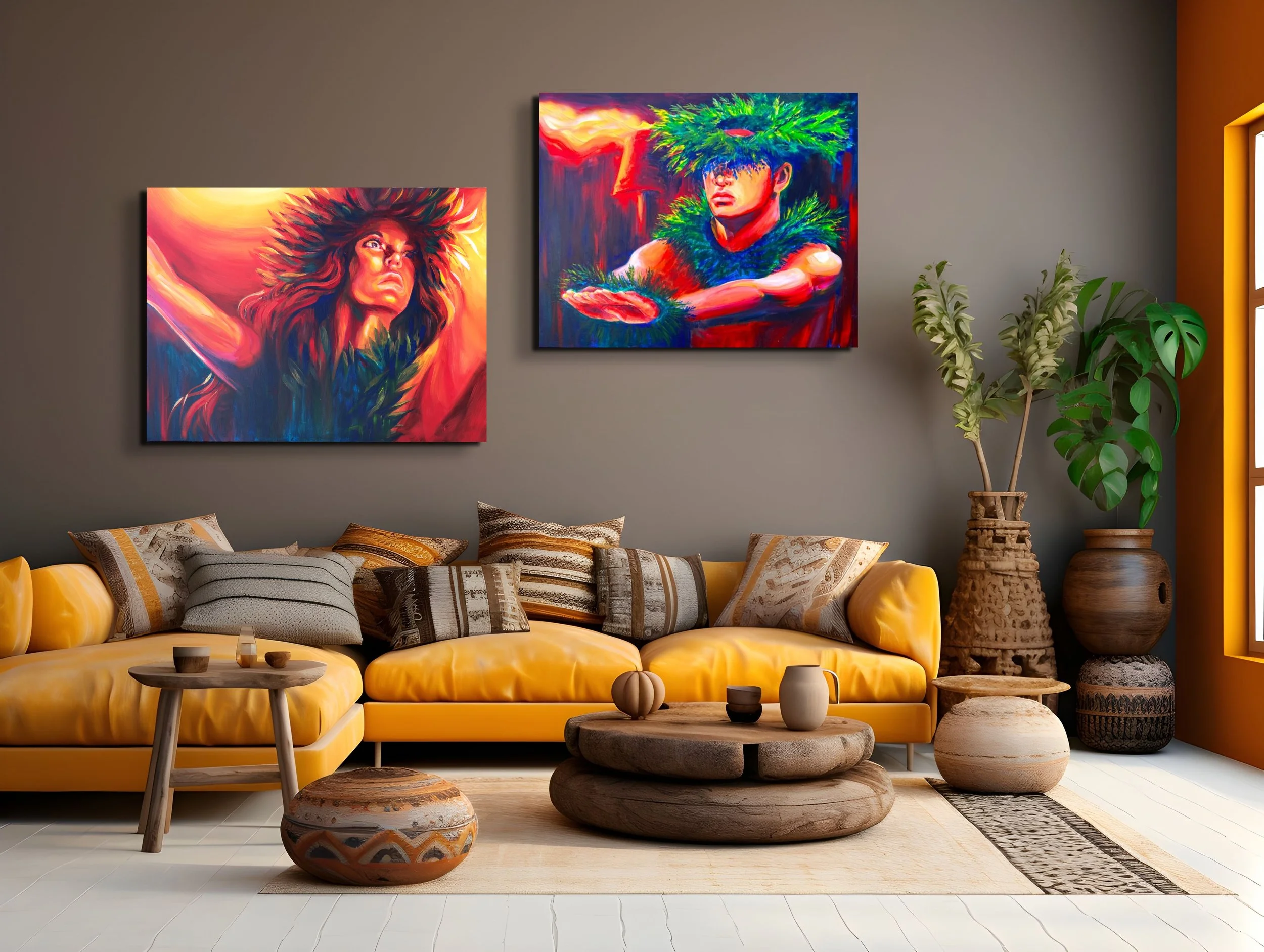   “Lani” &nbsp;and&nbsp; “Night Moves” &nbsp;invite the viewer into a deeper, spiritual connection—two moments of inner fire and focused energy captured in vibrant color. Their luminous reds, golds, and blues evoke strength, renewal, and the quiet po