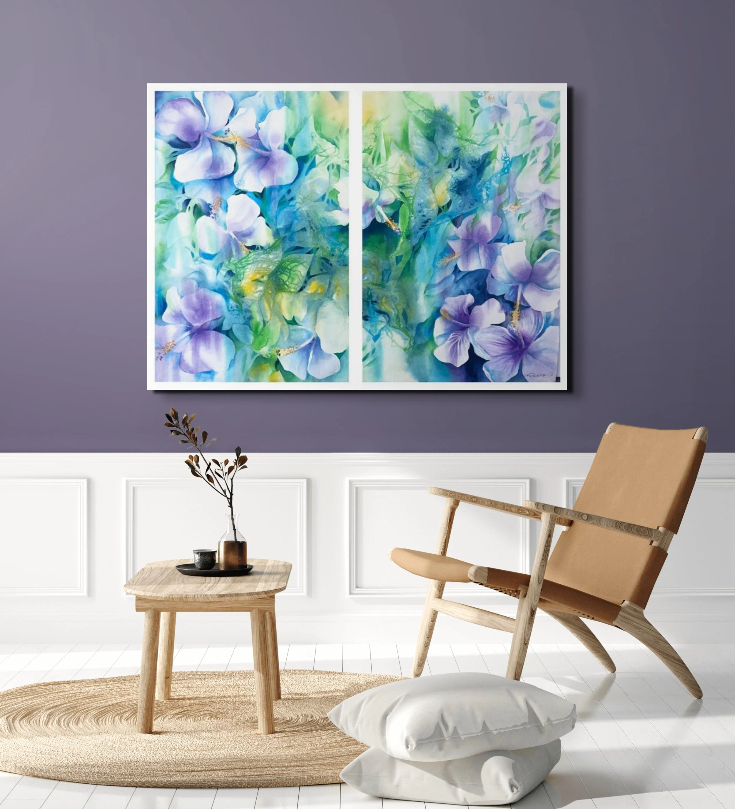   “Flourish”   Soft hibiscus blooms drift through blues, violets, and greens, creating a serene sense of renewal and calm.  Flourish  invites viewers everywhere to pause, breathe, and let beauty unfold in their own space. A gentle daily reminder to g