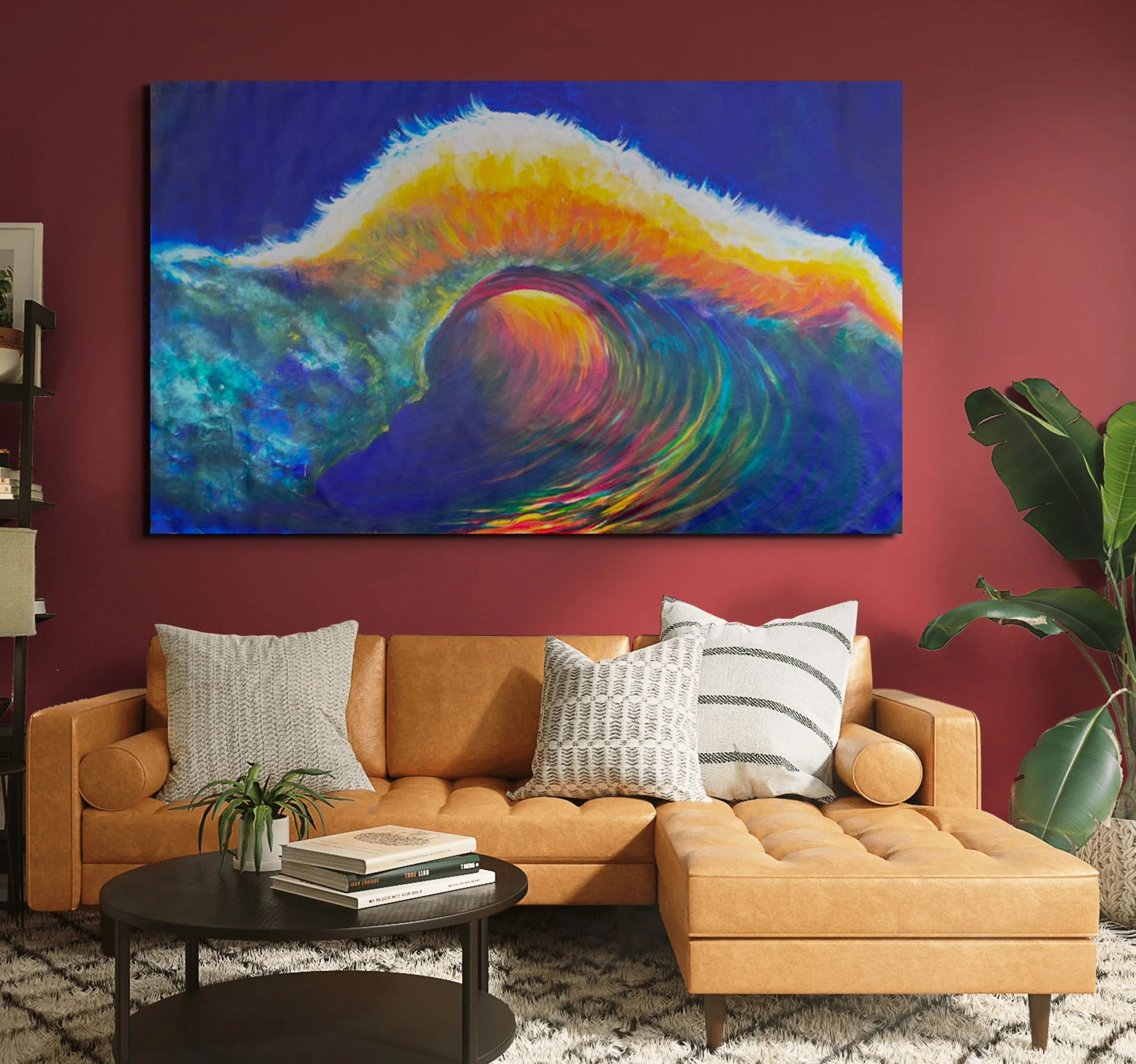   Nalu  captures the powerful yet soothing rhythm of a wave in motion—an expression of energy, light, and transformation. Radiant golds, deep blues, and shimmering ocean hues sweep together in a fluid arc, creating a sense of movement that feels both