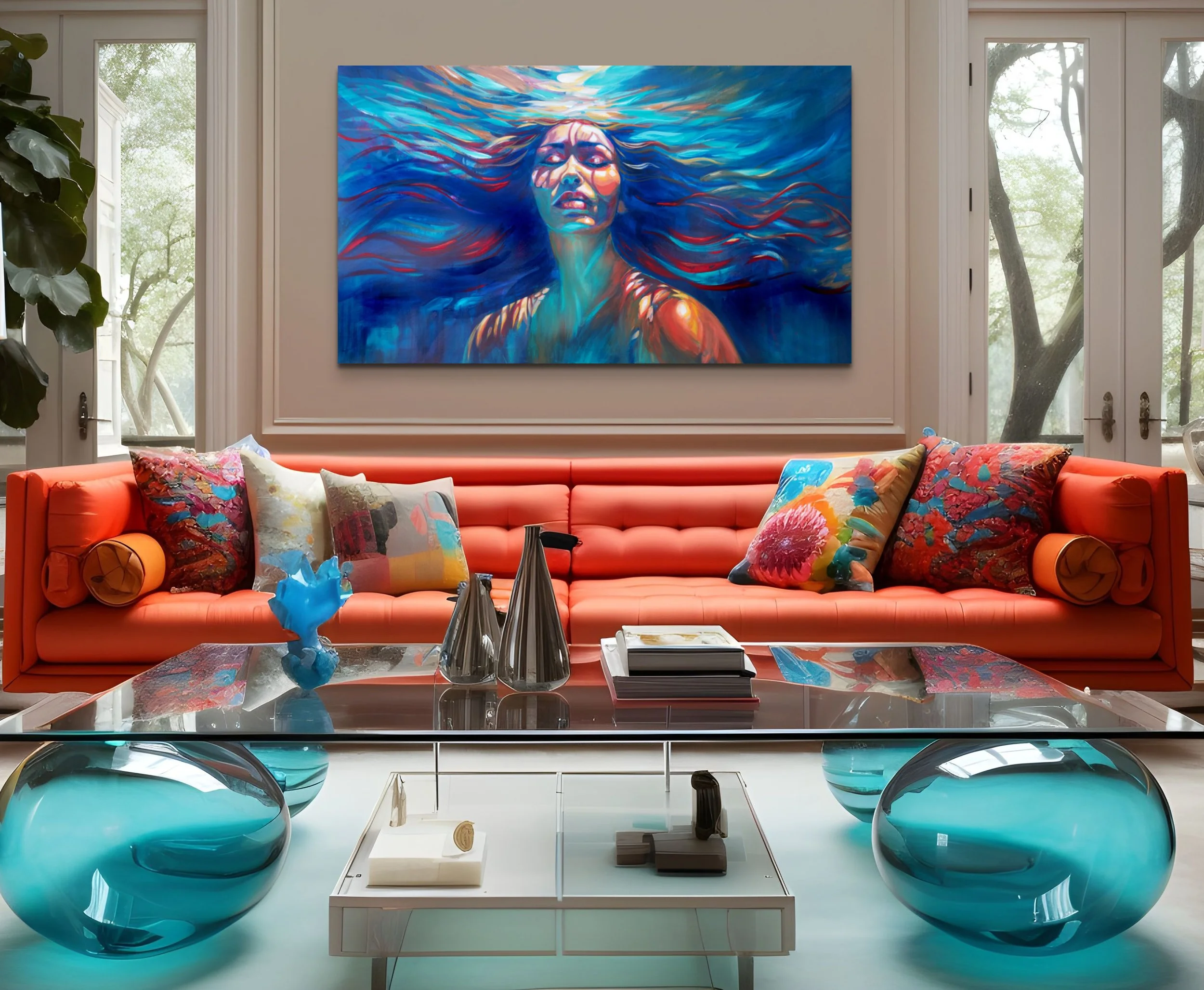   “Spiritual Ascension”  depicts a woman submerged, her face tilted upwards towards a light source breaking through the water's surface. Her expression is serene, almost trance-like, with closed eyes and slightly parted lips. Her long, dark hair fans