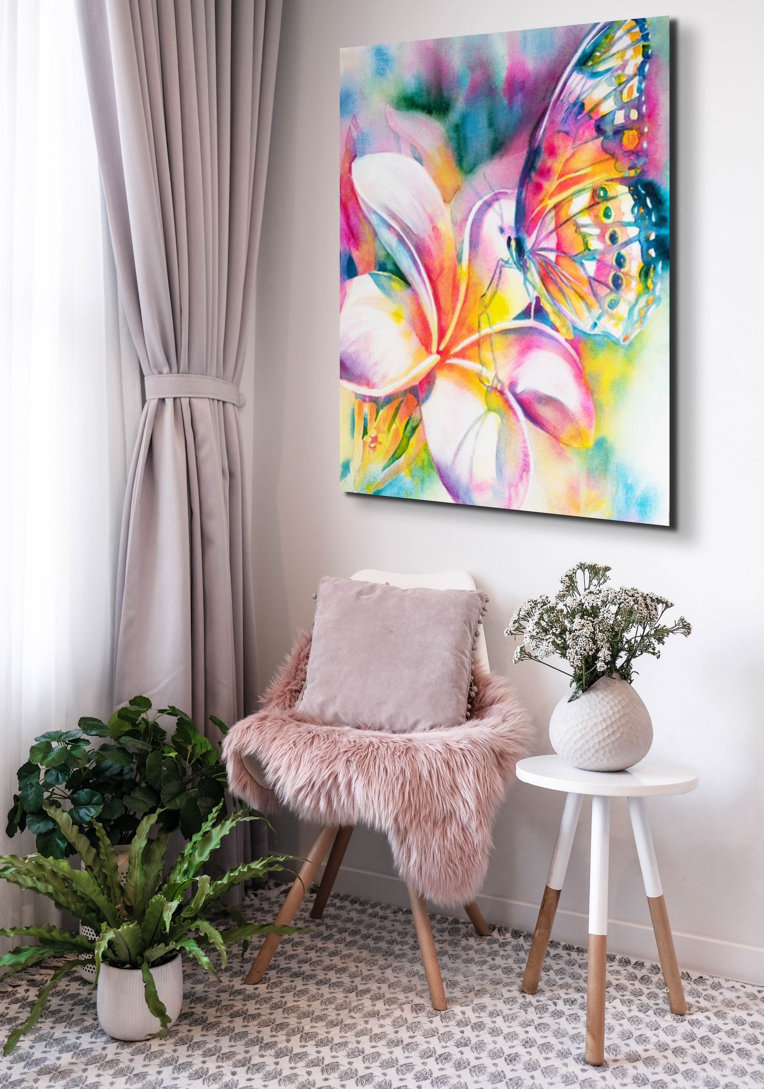  “ Whispered Landing.”   Whispered Landing. You can almost feel the gentle brush of wings as the butterfly settles on the plumeria, pausing just long enough to share its quiet magic.&nbsp; The colors swirl like a warm breeze, drawing you into a world