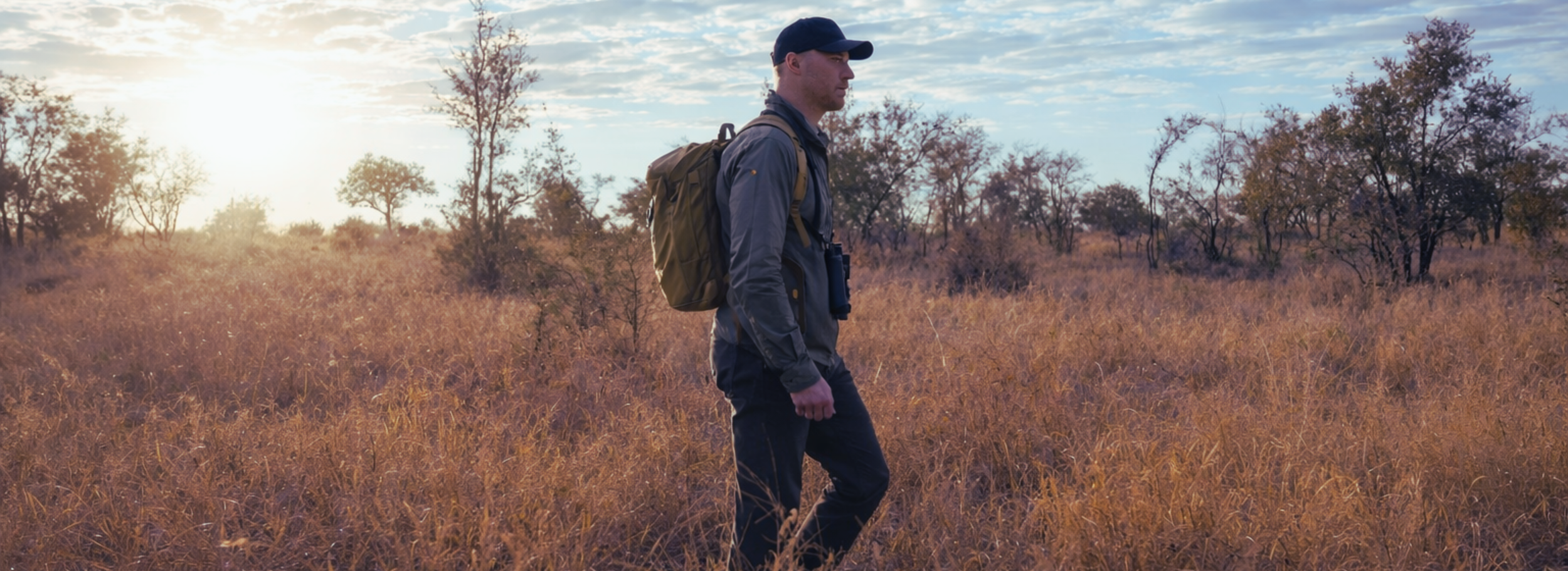 A man wearing a baseball cap, outdoors in a grassy field with trees, walking during sunrise or sunset.
