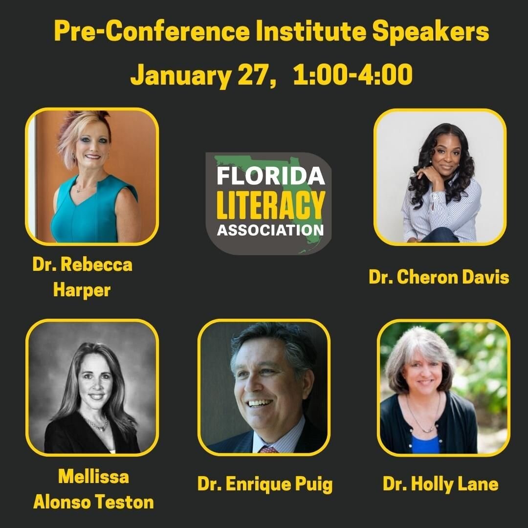 🎙️🧠🔋Lots of literacy knowledge in FLA&rsquo;s Pre-Conference Institute! We can&rsquo;t wait to learn from these amazing speakers: 
⭐️Dr. Rebecca Harper, Augusta University
⭐️Dr. Cheron Davis, FAMU
⭐️Dr. Holly Lane, UF
⭐️Dr. Enrique Puig, UCF
⭐️Mel