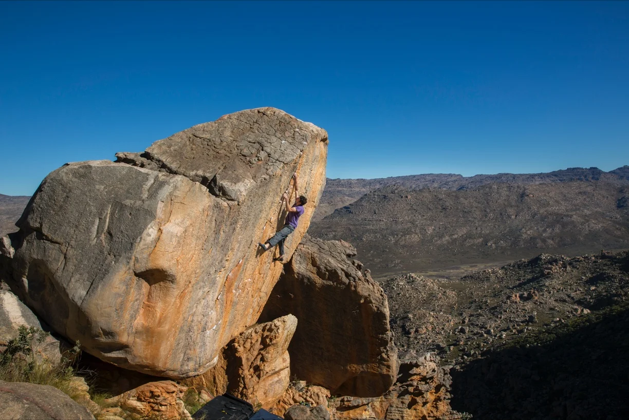 Paul Robinson on first ascent of The Tanooki Myth V11/8A in Driehoek, South Africa