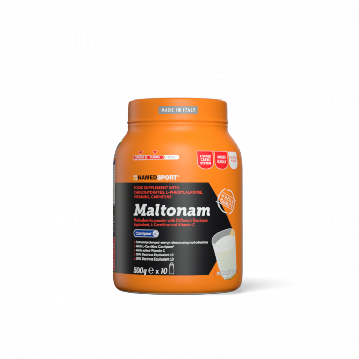 Maltonam - Maltodextrin-based formulation to provide fast and long-lasting energy. A blend of simple and complex carbohydrates, useful for supplementary energy, with the addition of high quality Carnitine (Carnipure)®, L- phenylalanine, Vitamin C and B-group Vitamins, essential to optimise energy metabolism.