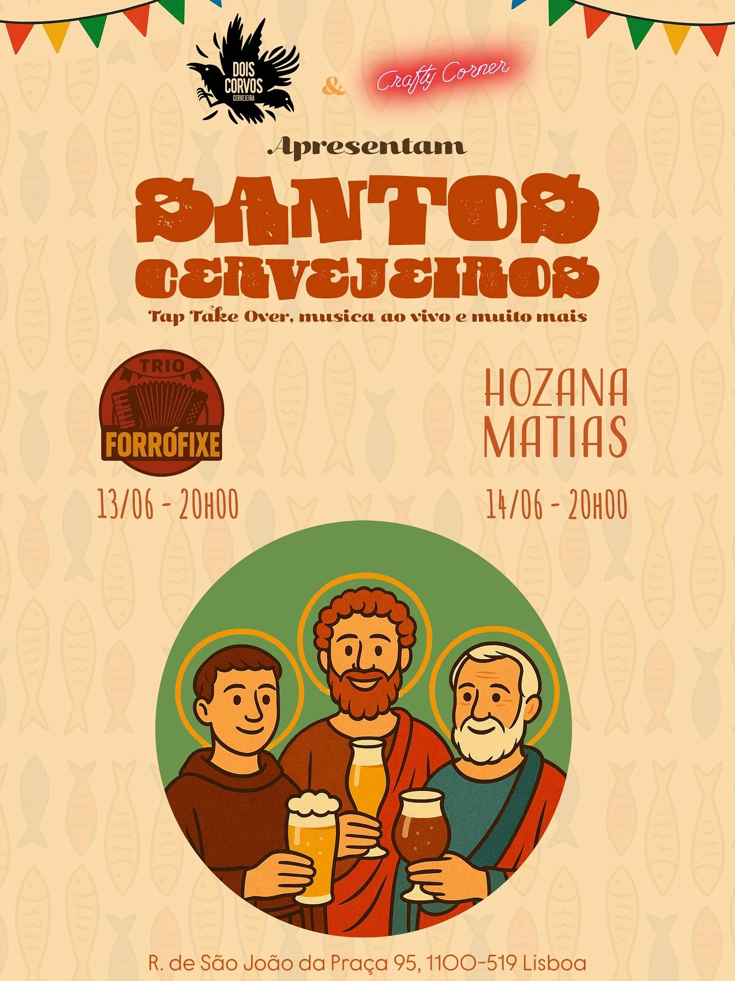 Santos Populares no ar! 13 e 14 de Junho, no Crafty!
Tap takeover com @doiscorvos, m&uacute;sica ao vivo com Forr&oacute; Fixe (Sex) &amp; Hozana Matias (S&aacute;b), ambos &agrave;s 20:00.
Cerveja gelada. Boa onda. Crafty style.

Santos Populares ar