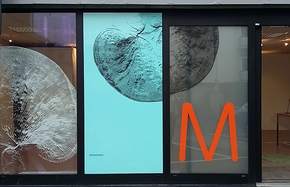 Foil mounted on the glass surface of the studio facade. The body of a microscopic organism enlarged and digitally processed.