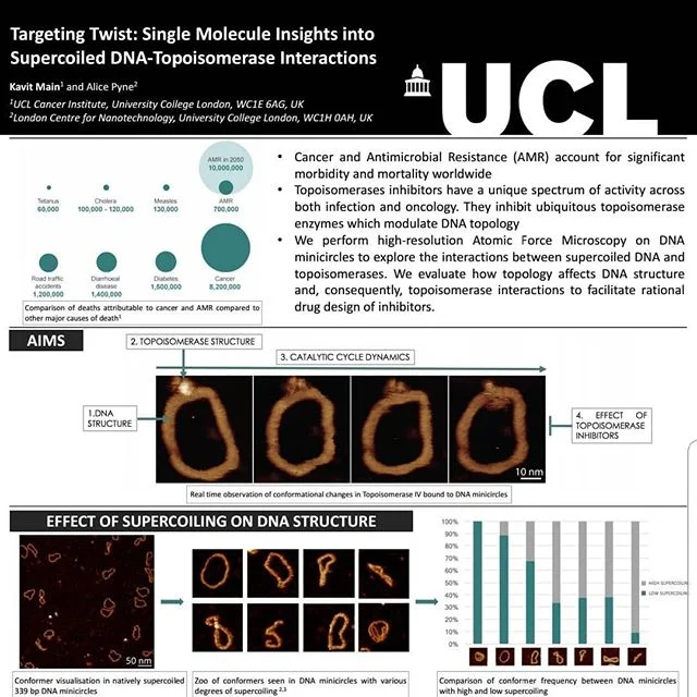 We attended the Physics of Life PoLNET2 Symposium held at the University of York on the 10th December where we presented some of our current work on supercoiled DNA-topoisomerase interactions. Here is a snippet of our research poster.
_______________
#physicsoflife2018 #research #symposium #biology #physics #biophysics #poster #dna #afm #topoisomerases #universityofyork #ucl #science #collaboration #nanotechnology