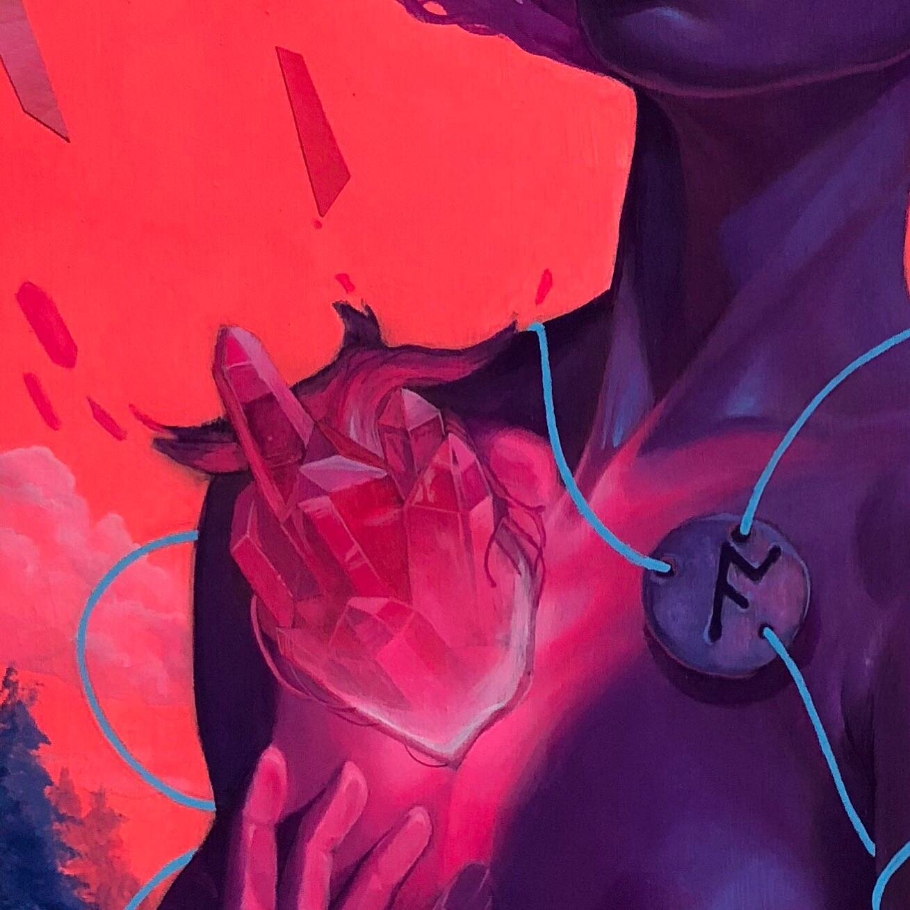Detail of an older piece. I always liked this piece as one of my favorite figure paintings because of the setting... and playing around with these cool crystals. &diams;️ 
.
.
.
.
#crystalheart #crystal #heart #glow #neon #detail #acrylicpainting #po