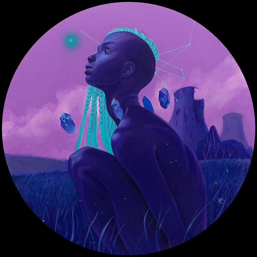 It&rsquo;s been about a year but this little tondo is still available. DM  @archenemyarts or email archenemyarts@gmail.com.
Two Thirty Nine, 16&rdquo;x16&rdquo;, Acrylic on wood panel.
.
.
.
.
.
#purple #neon #radioactive #plutonium #fluorescent #cry