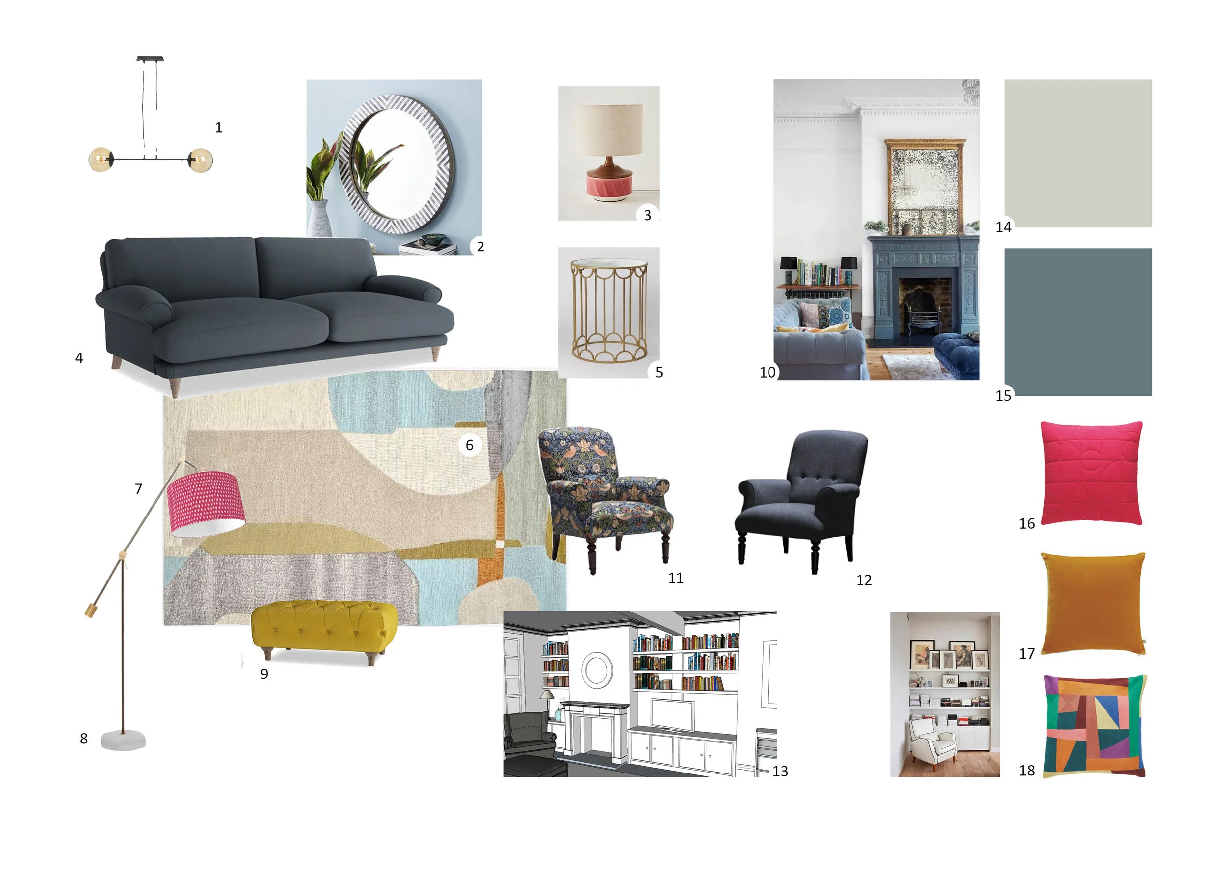  Moodboard showing furniture ideas, colour scheme and lighting options   