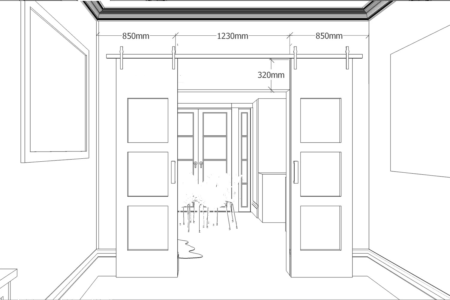  3D drawing showing the sliding doors design 
