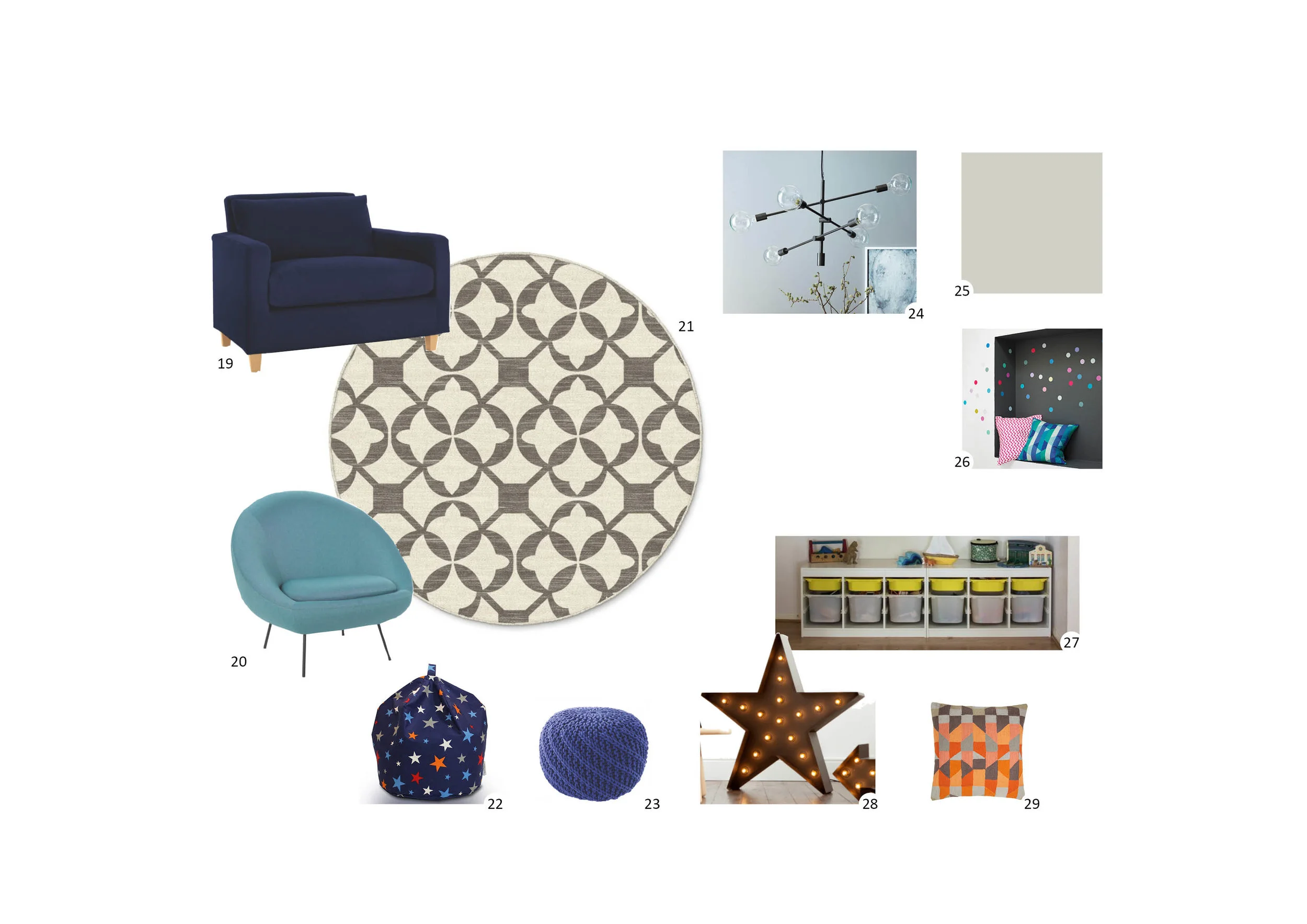  Moodboard showing furniture ideas, colour scheme and lighting options   