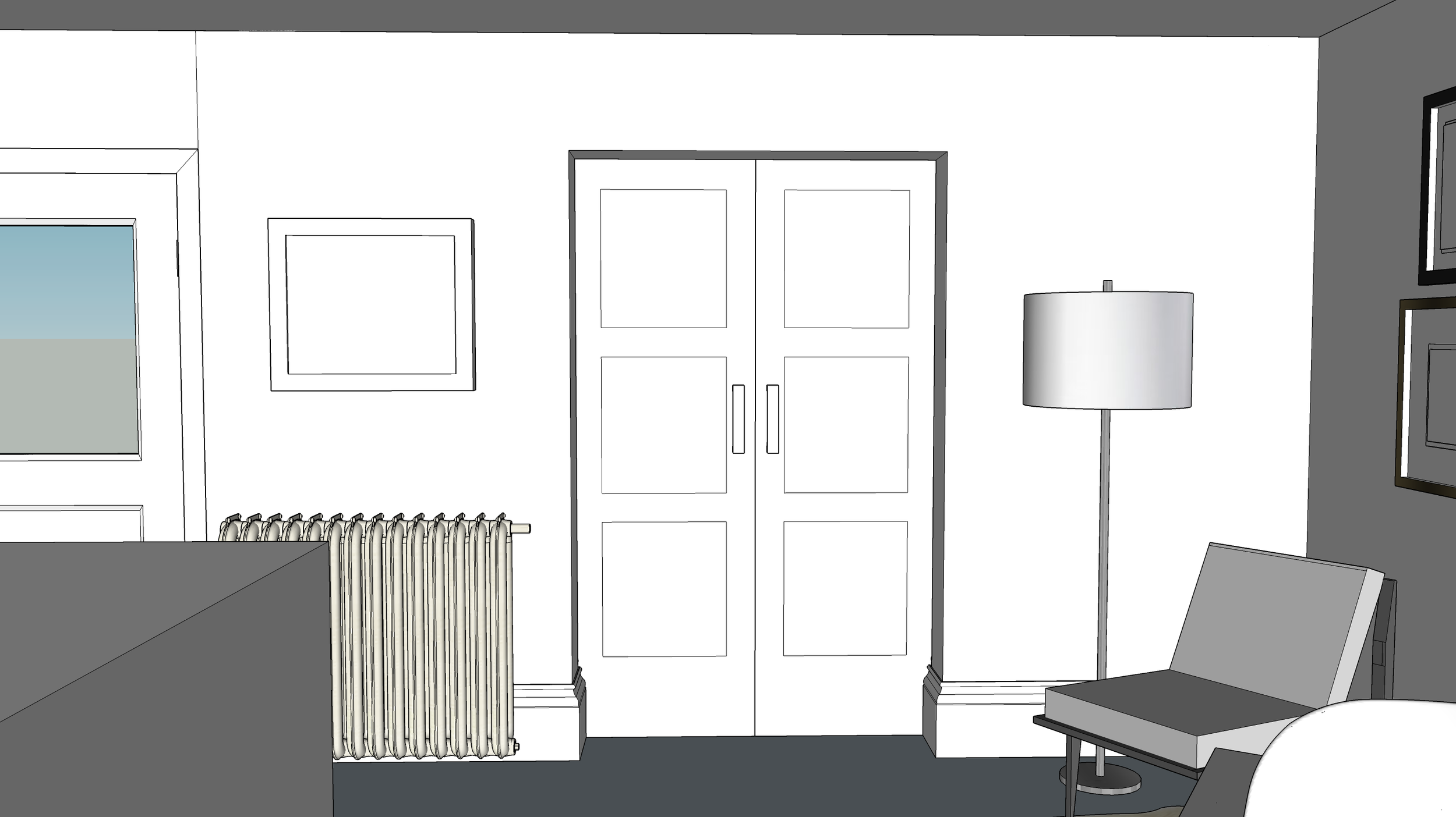  3D visual showing the sliding doors design from the kitchen 